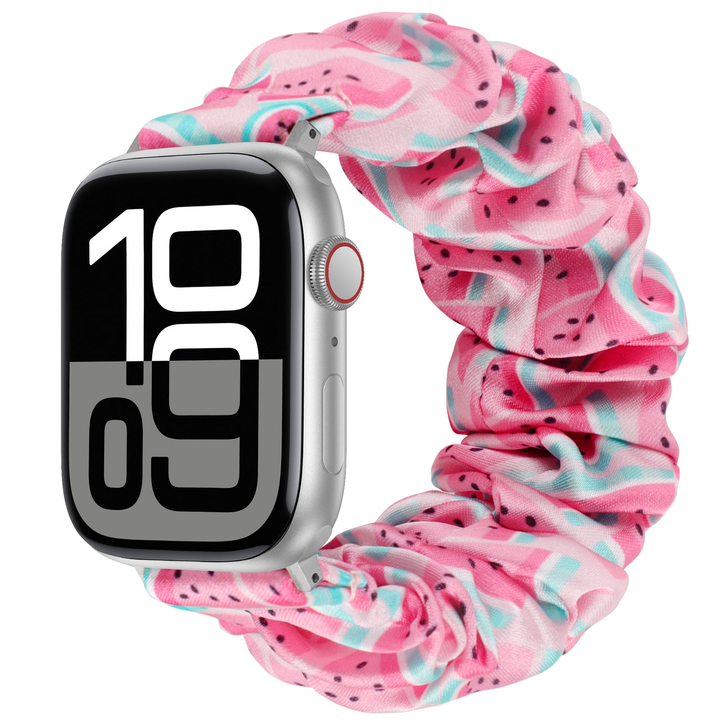 Das arktisband Apple Watch Scrunchie Armband "Elanora" ist ein rosafarbenes, elastisches Band mit Wassermelonenmuster, kompatibel mit der Apple Watch.