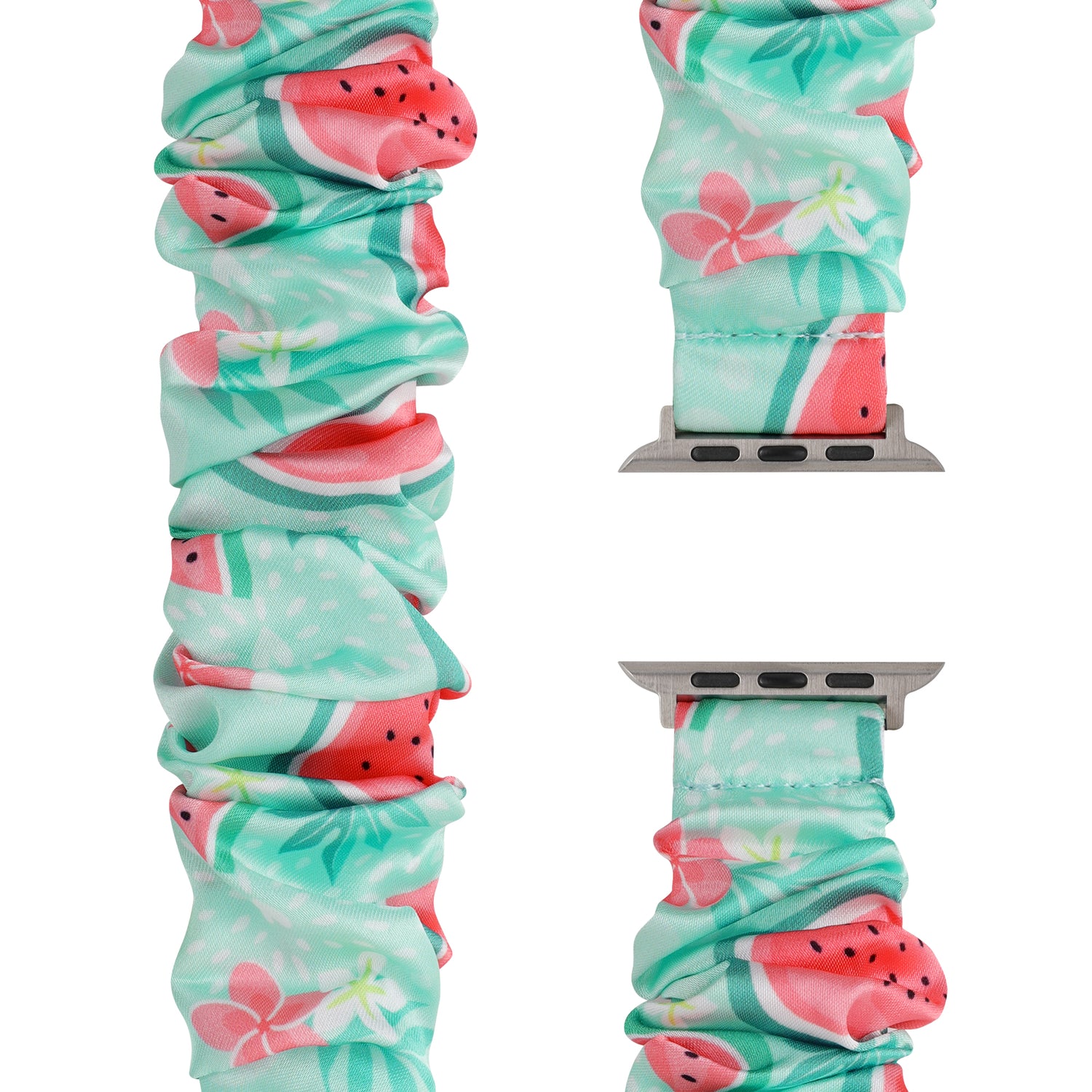 Das arktisband Apple Watch Armband "Elanora" hat ein Scrunchie-Design mit einem rosa, grünen und weißen Wassermelonen-Blumenmuster. Hergestellt aus dehnbarem Nylon für eine bequeme, flexible Passform.