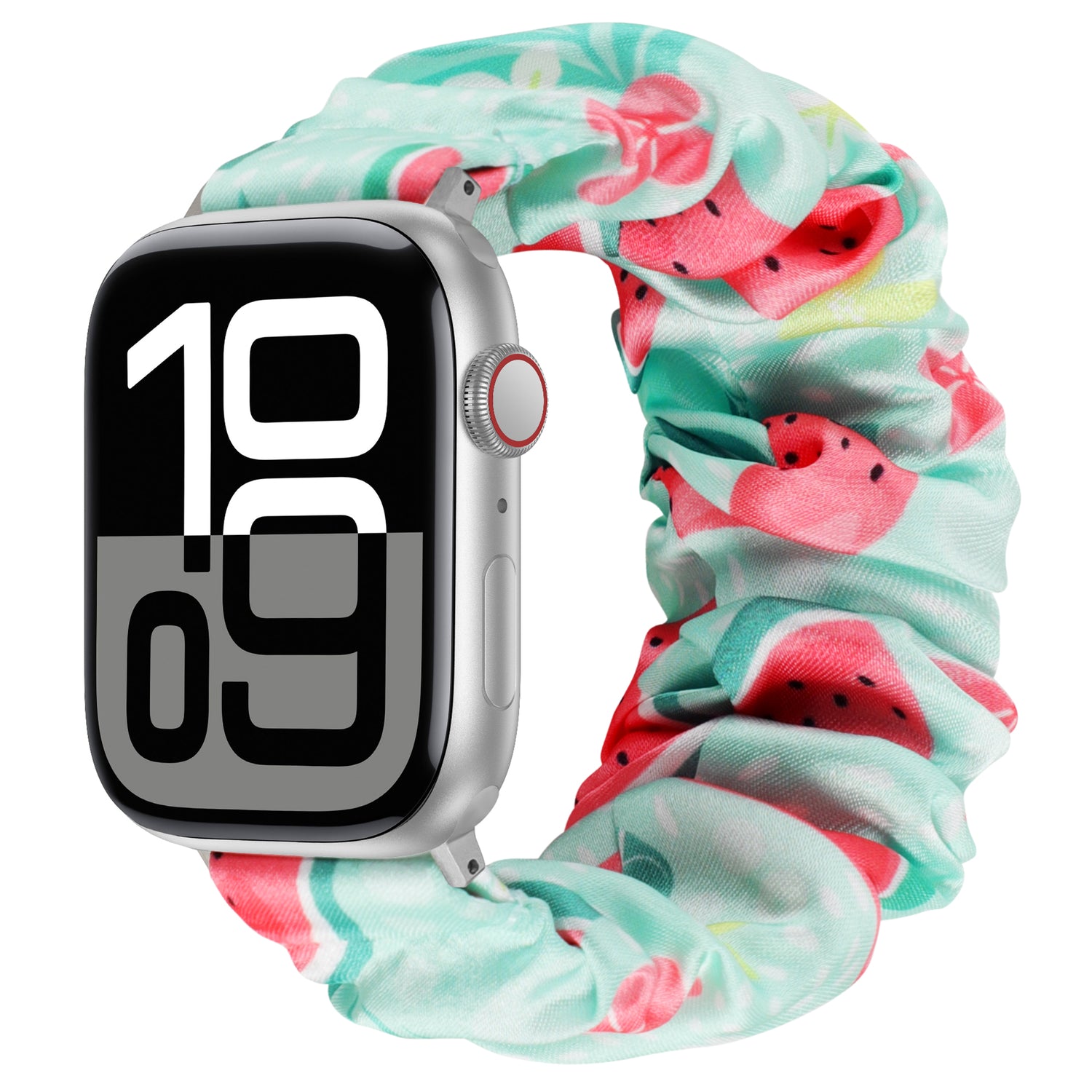 Das arktisband Apple Watch Scrunchie Armband "Elanora" ist mit einem farbenfrohen Wassermelonen-Muster versehen und bietet einen lustigen Stil und angenehmen Tragekomfort für Ihre Apple Watch.