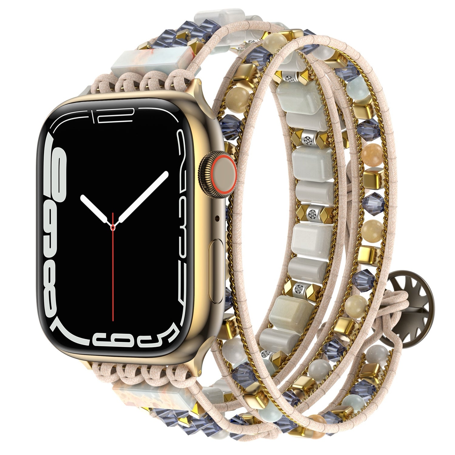 Das arktisband Apple Watch Armband "Dream Catcher" bietet eine goldene Smartwatch mit einem weißen, goldenen und grauen Perlen-Wickelarmband auf hellbraunem Leder für einen einzigartigen Boho-Stil. Kompatibel mit Apple Watch. Marke: arktisband.