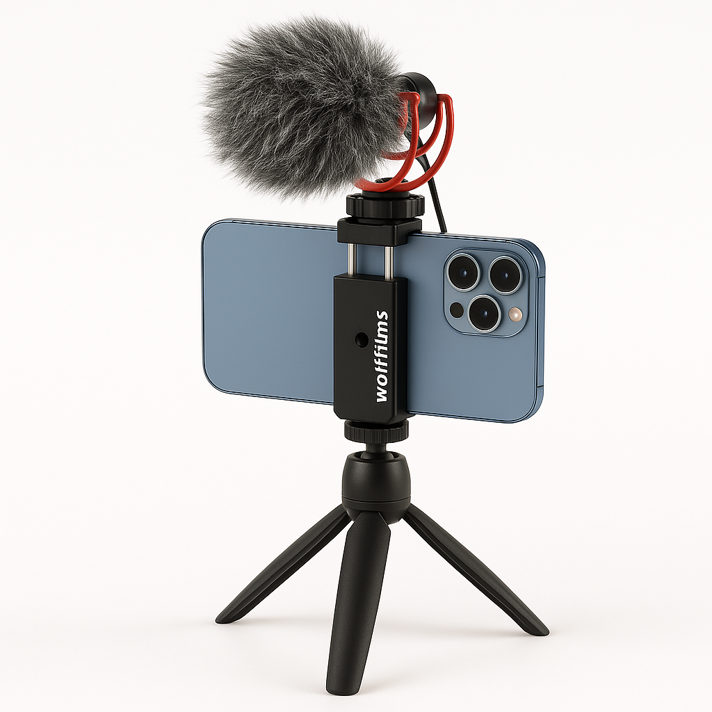 Blaues Smartphone auf einem kleinen Stativ mit der Wolffilms Smartphone Universalhalterung und befestigtem pelzigen Mikrofon, bereit zum Filmen oder Aufnehmen.