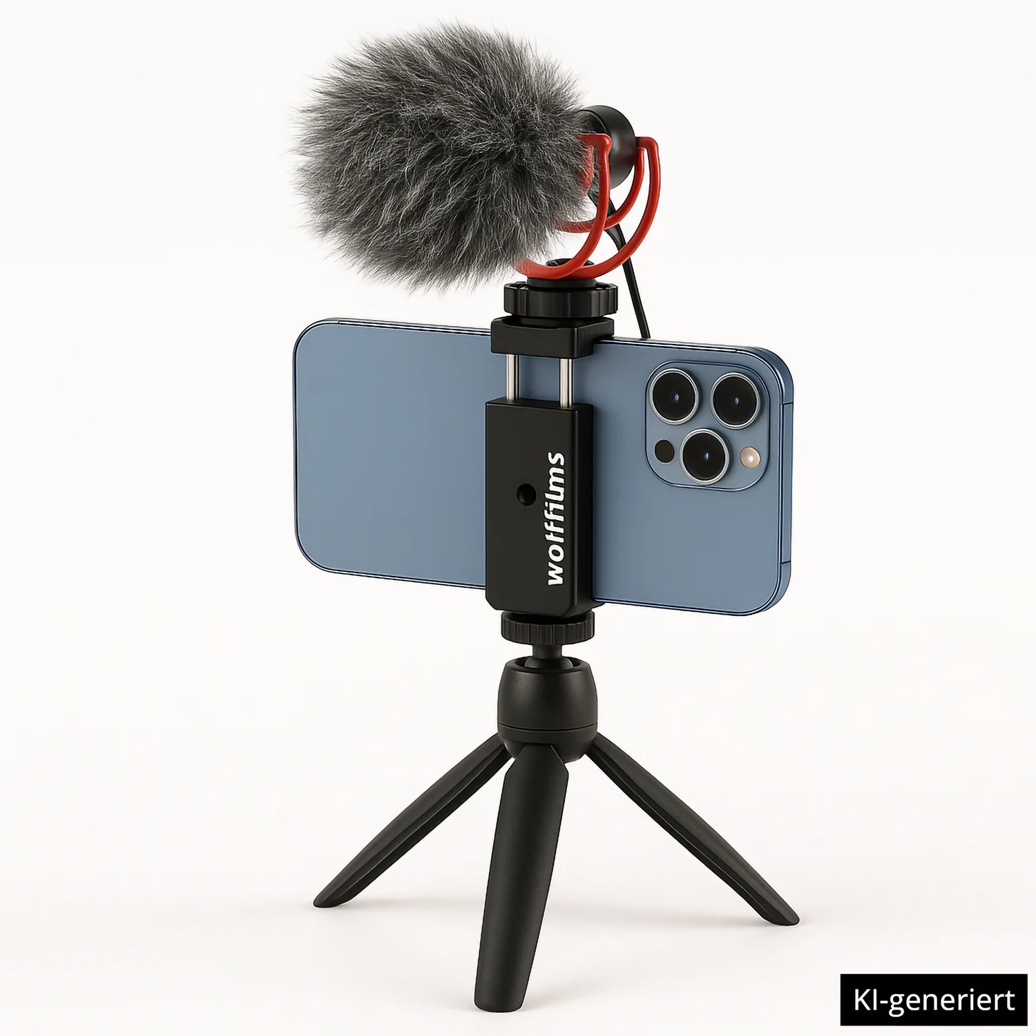 Ein Wolffilms Smartphone Universal Halterung Stativ-Setup hält ein Smartphone und ein externes Mikrofon, perfekt ausgestattet für zuverlässige Filmaufnahmen oder Aufnahmen von Wolffilms. KI-generiert.