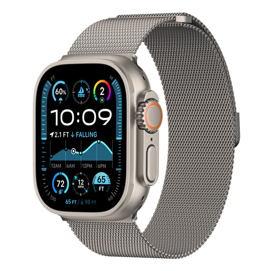 Das arktisband Apple Watch Ultra Milanaise Armband verfügt über ein silbernes Band, ein abgerundetes rechteckiges Zifferblatt mit seitlichen Tasten und ein lebendiges Display, das die Uhrzeit (10:09), Gesundheitsstatistiken, Wetterinformationen und App-Symbole anzeigt.