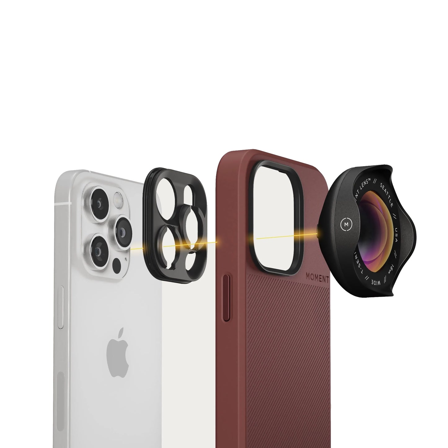 Explosionszeichnung der MOMENT iPhone 16 Kameratasche MagSafe in rot mit Drop-In Lens Mount und ansteckbaren Moment T-Series Objektiven.