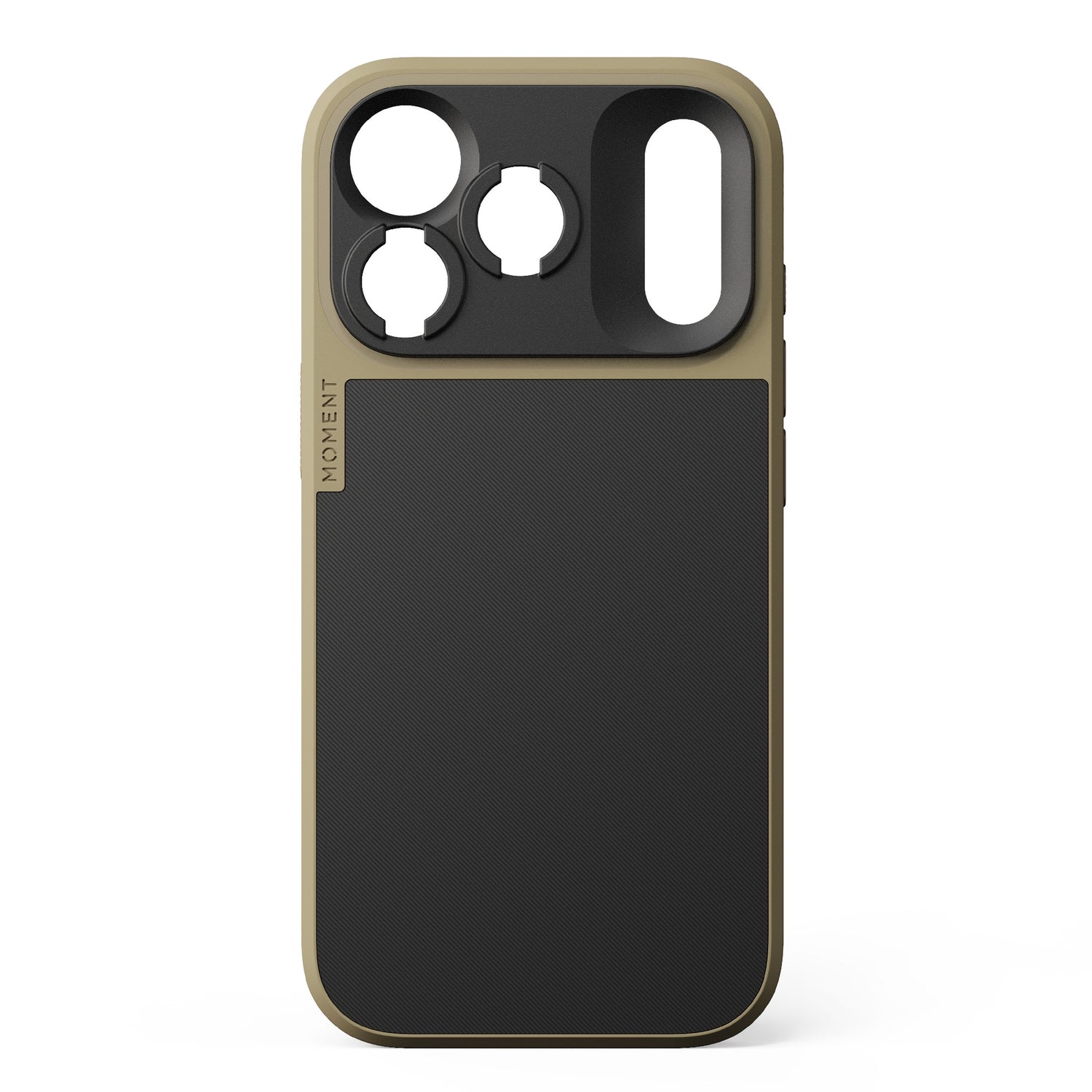 Das MOMENT iPhone 17 Pro Camera Case MagSafe verfügt über ein zweifarbiges Design, drei Kameraausschnitte für alle Kamerafunktionen und einen großen rechteckigen Ausschnitt im oberen Bereich.