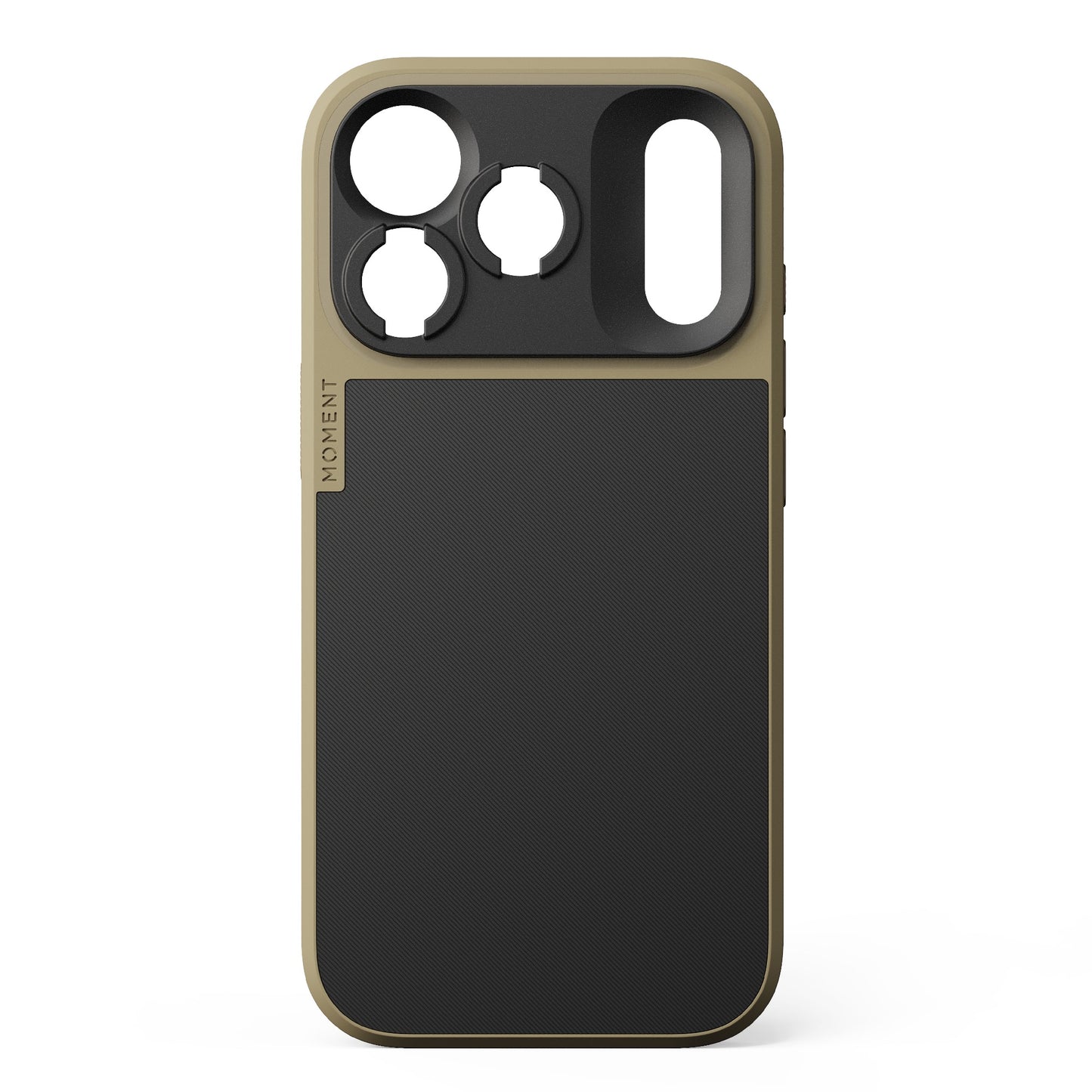 Das MOMENT Moment iPhone 17 Pro Max Camera Case MagSafe verfügt über ein zweifarbiges Design, runde und ovale Kameraausschnitte, eine strukturierte Rückseite und ist für professionelle Kamerafunktionen ausgelegt.