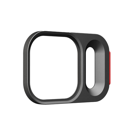 Der MOMENT CineBloom QuickLock Filter für iPhone 17 Pro hat ein rechteckiges schwarzes Design mit einem verschiebbaren QuickLock System und einer kleinen roten Lasche auf der rechten Seite.