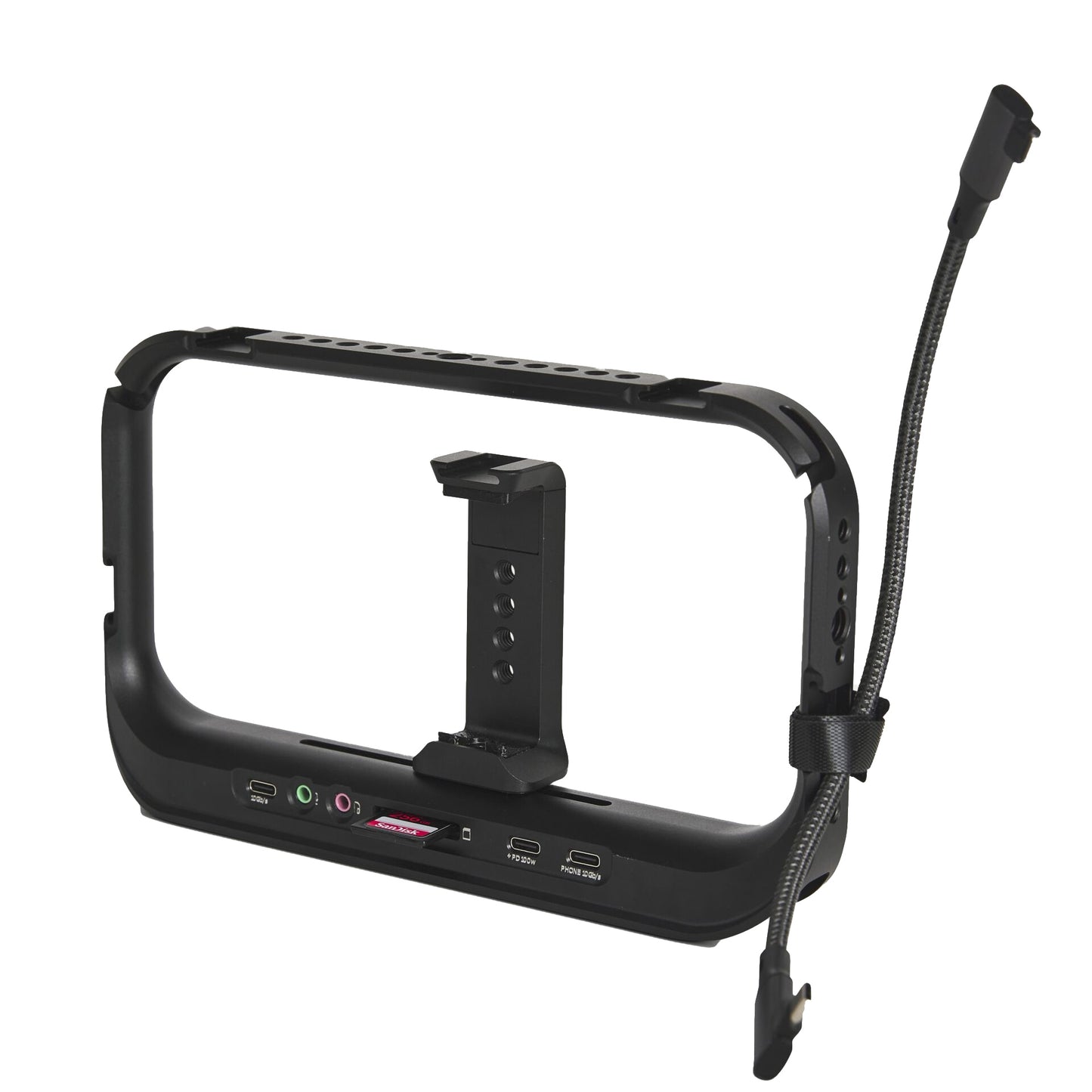Schwarzer Kamerakäfig mit montierter Handyhalterung, Anschlüssen und angebrachtem flexiblen Schwanenhals, mit dem MOMENT Superflex Right-Angle USB-C auf USB-C Kabel 10 cm (240 Watt) auf weißem Hintergrund.