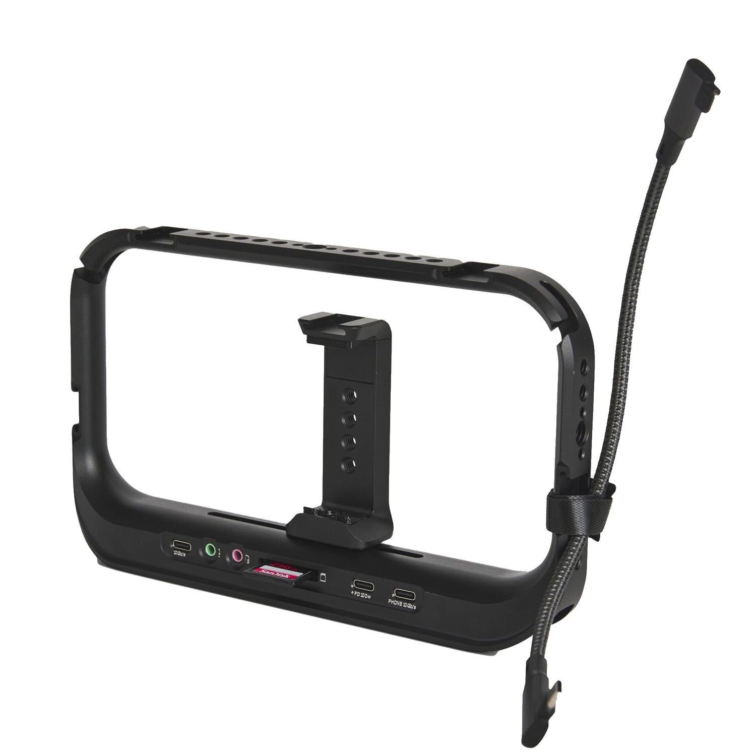 Schwarzer Kamerakäfig mit montierter Handyhalterung, Anschlüssen und angebrachtem flexiblen Schwanenhals, mit dem MOMENT Superflex Right-Angle USB-C auf USB-C Kabel 10 cm (240 Watt) auf weißem Hintergrund.