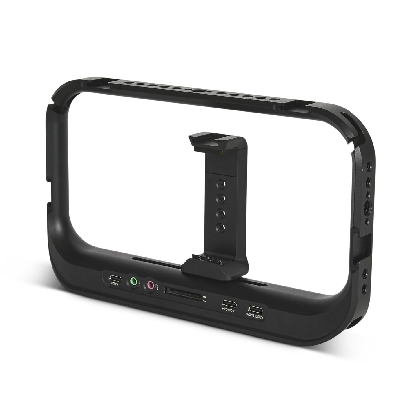 Der MOMENT Moment Supercage mit USB-C Hub ist ein rechteckiger, schwarzer Kamerakäfig aus Metall mit mehreren Anschlüssen, einer zentralen Smartphone-Halterung und einer praktischen USB-C Hub-Konnektivität für iPhone-Filmer.
