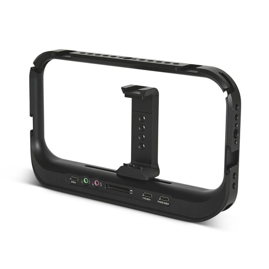 Der MOMENT Moment Supercage mit USB-C Hub ist ein rechteckiger, schwarzer Kamerakäfig aus Metall mit mehreren Anschlüssen, einer zentralen Smartphone-Halterung und einer praktischen USB-C Hub-Konnektivität für iPhone-Filmer.