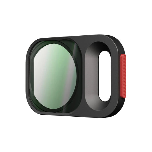 Der MOMENT Moment AntiGlare CPL QuickLock Filter für iPhone 17 Pro ist ein schwarzer, rechteckiger Filter mit rotem, strukturiertem Rand und großem, rundem Glas, entwickelt um Reflexionen zu reduzieren-ideal als iPhone Kamera Zubehör.