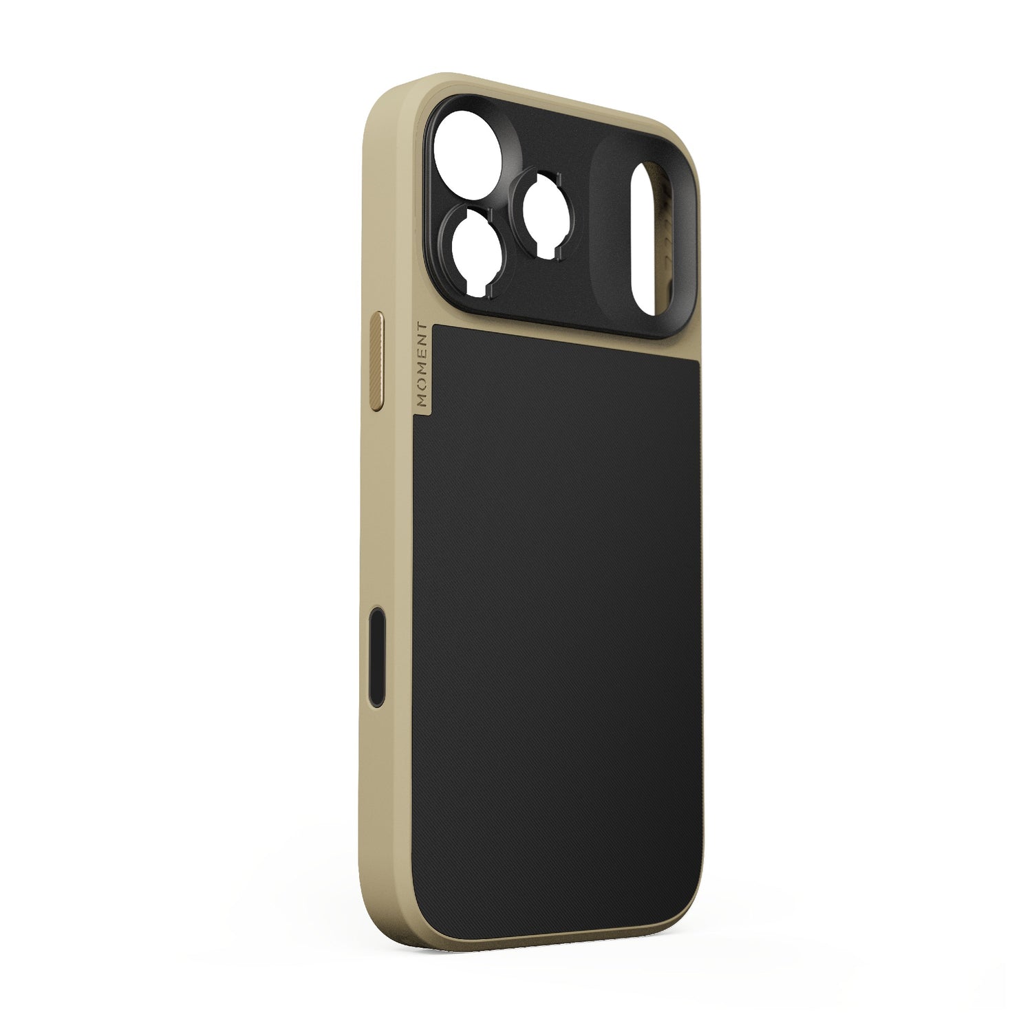 Das MOMENT Moment iPhone 17 Pro Max Camera Case MagSafe in Beige und Schwarz verfügt über präzise Aussparungen für Kamera, Tasten und Anschlüsse. Abgebildet im Winkel auf weißem Hintergrund. MagSafe-kompatibel für zusätzlichen Komfort.