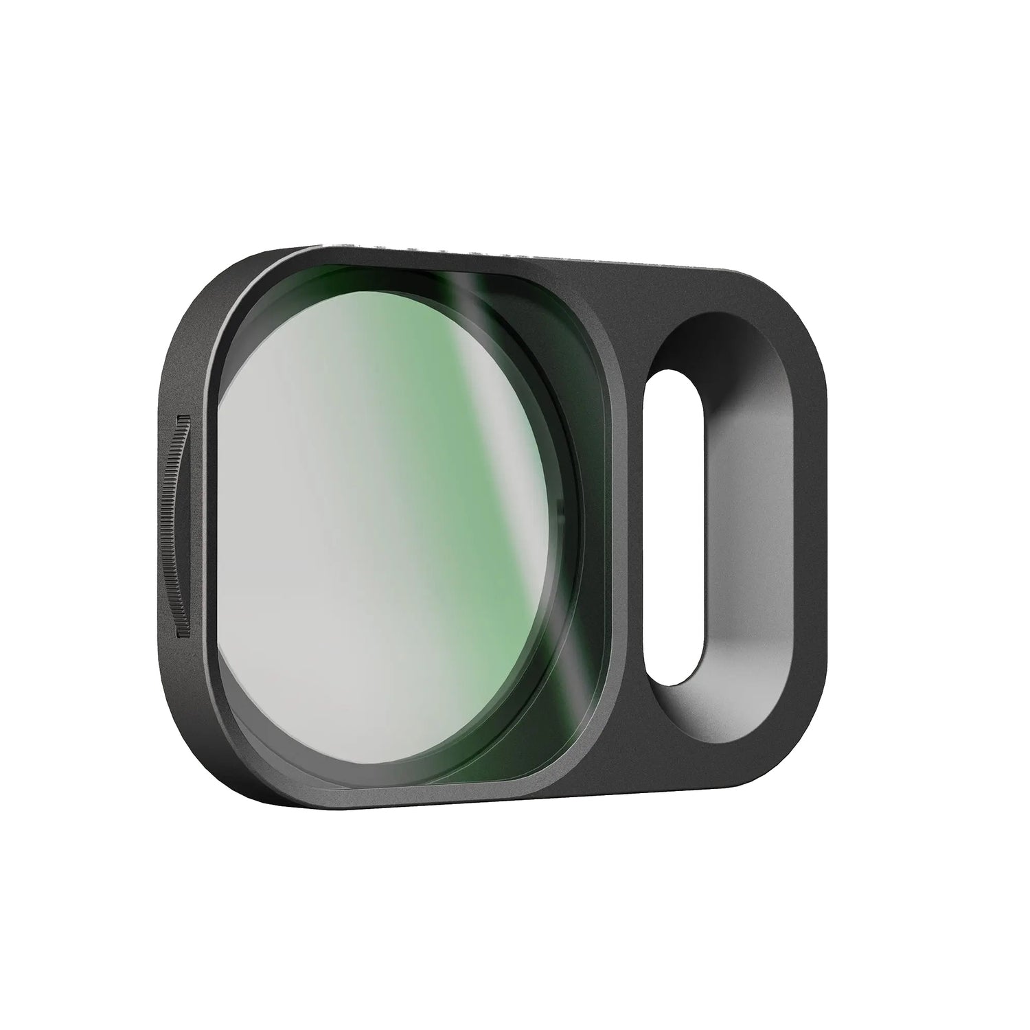 Der MOMENT Variable ND QuickLock Filter (2-7 Stop) für iPhone 17 Pro ist ein schwarzer, rechteckiger Filter mit rundem Glas, der sich nahtlos an Ihre Moment Kameratasche anpasst und einen offenen Griffbereich auf der rechten Seite aufweist.