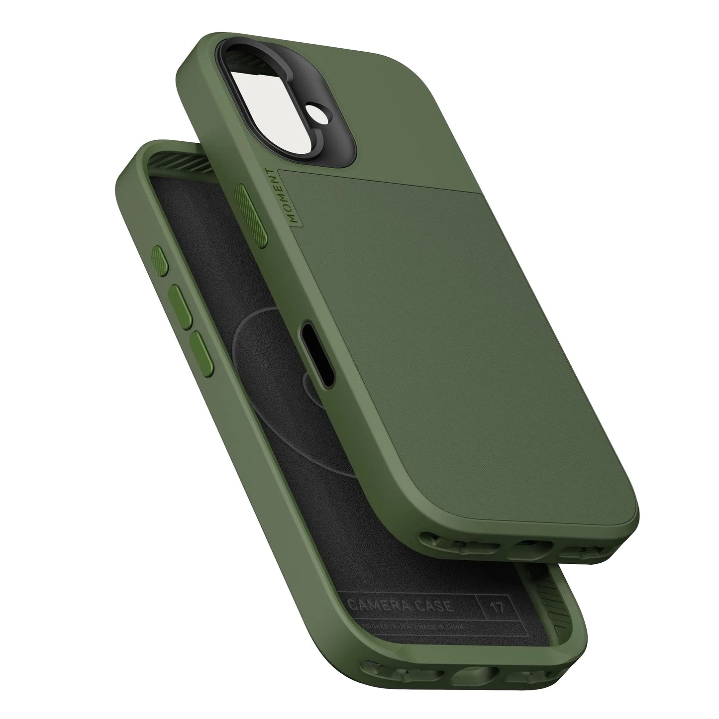 Die MOMENT Moment iPhone 17 Kameratasche MagSafe in Grün mit Kameraabdeckung ist von vorne und hinten auf einem weißen Hintergrund abgebildet.