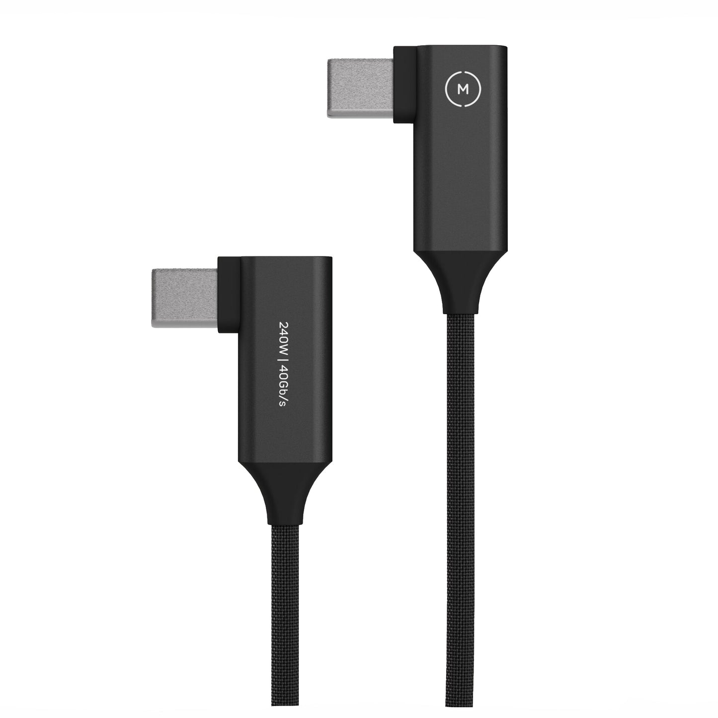 Zwei schwarze MOMENT Superflex-Rechtswinkel-USB-C-auf-USB-C-Kabel (10 cm) - eines mit der Aufschrift 20W 1.0Gb/s, das andere mit einem M-Symbol - verfügen über geflochtene Kabel für Langlebigkeit und bequeme Konnektivität in Ihrem Setup.