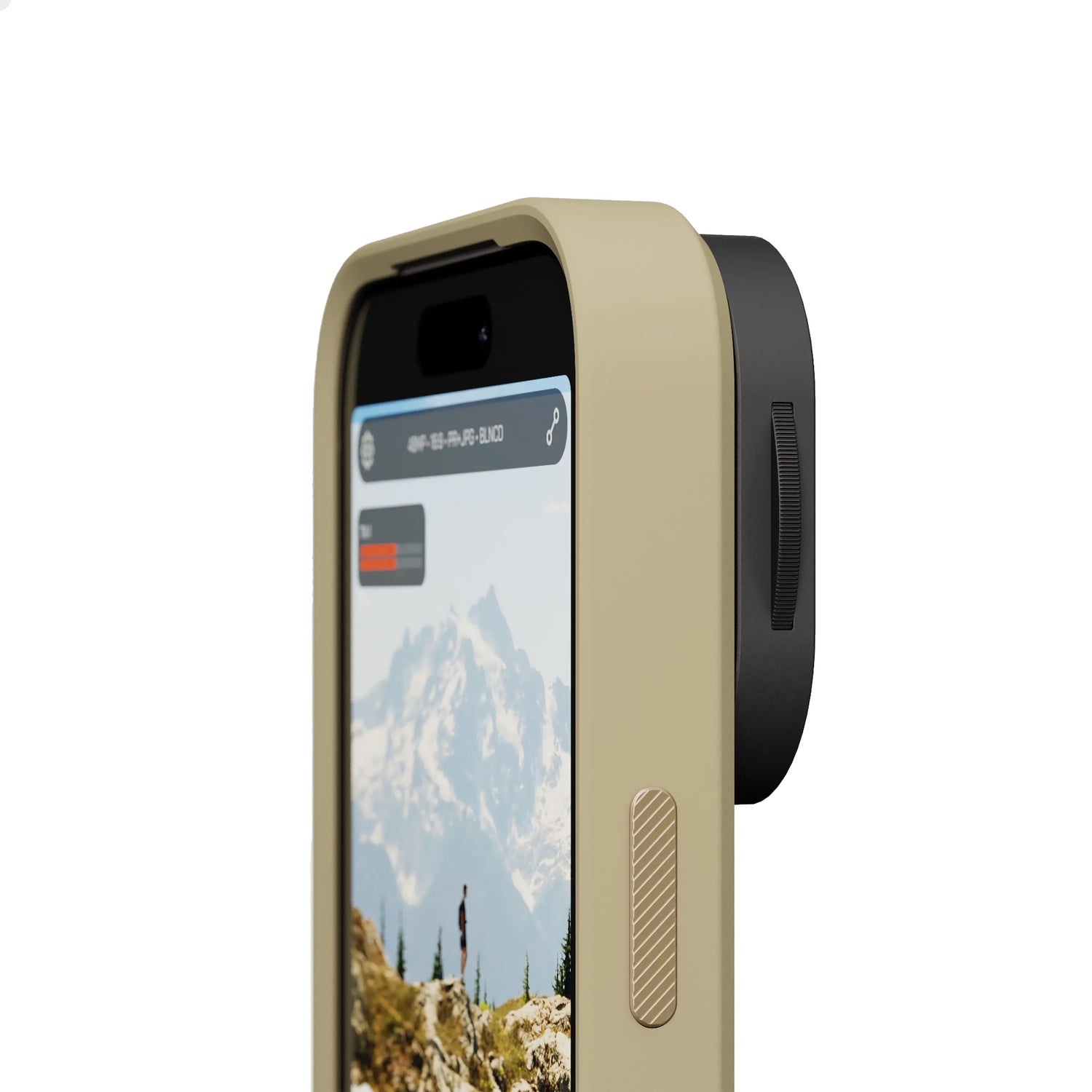 Seitenansicht eines iPhone 17 Pro in einer beigen MOMENT Kameratasche mit einem schwarzen Moment Variable ND QuickLock Filter (2-7 Stop), der eine Berglandschaft zeigt.