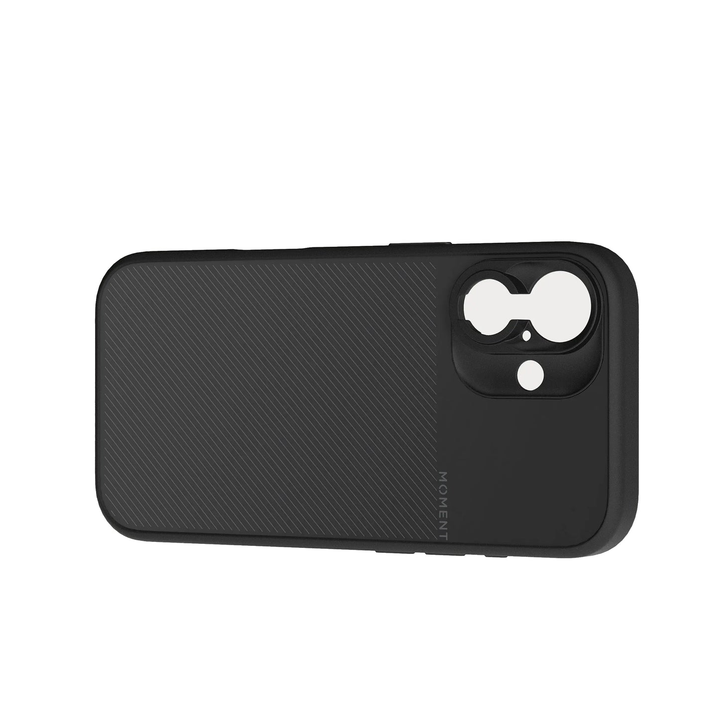 Die MOMENT Moment iPhone 16 Kameratasche MagSafe ist eine schwarze Tasche mit strukturierten diagonalen Linien und Kameraausschnitten, kompatibel mit Drop-In Lens Mount für T-Series Objektive, abgebildet auf weißem Hintergrund.