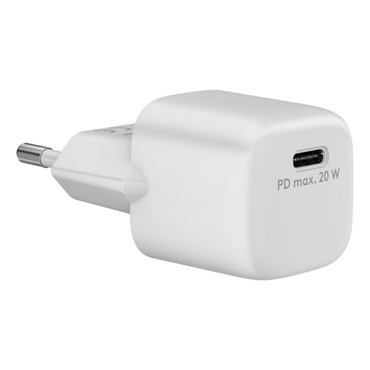 Das Goobay USB-C PD GaN Schnellladegerät Nano 20 W ist ein weißes Wandladegerät mit europäischem Stecker, gekennzeichnet mit PD max. 20 W, mit GaN-Technologie für effizientes Laden und Unterstützung von Power Delivery 3.0.