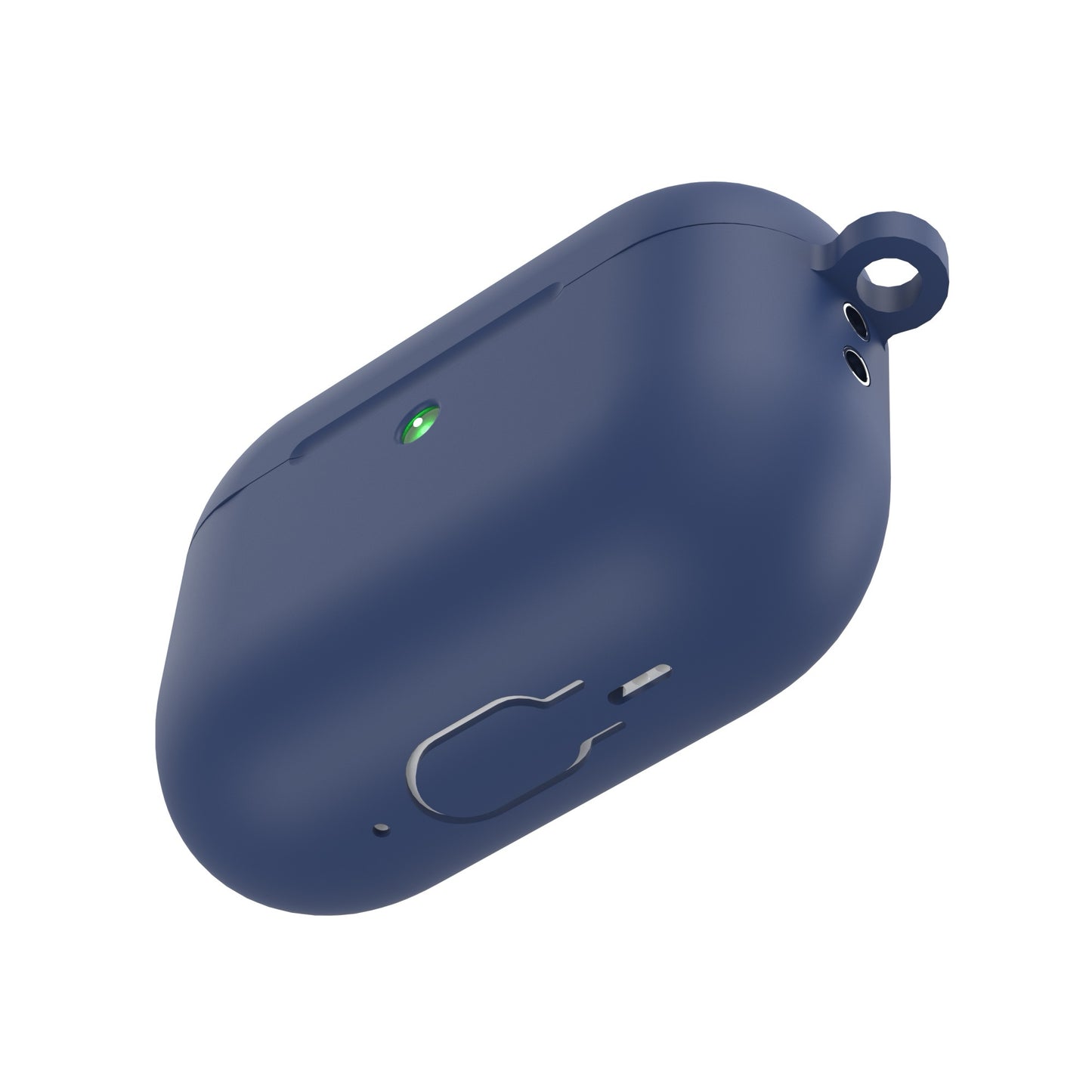 Arktis AirPods Pro 3 Silikon Case in Marineblau mit Schlüsselanhängerschlaufe und grüner Kontrollleuchte, mit einer stoßfesten Hülle für zusätzlichen Schutz. Abgebildet auf weiß, kompatibel mit kabelloses Laden.