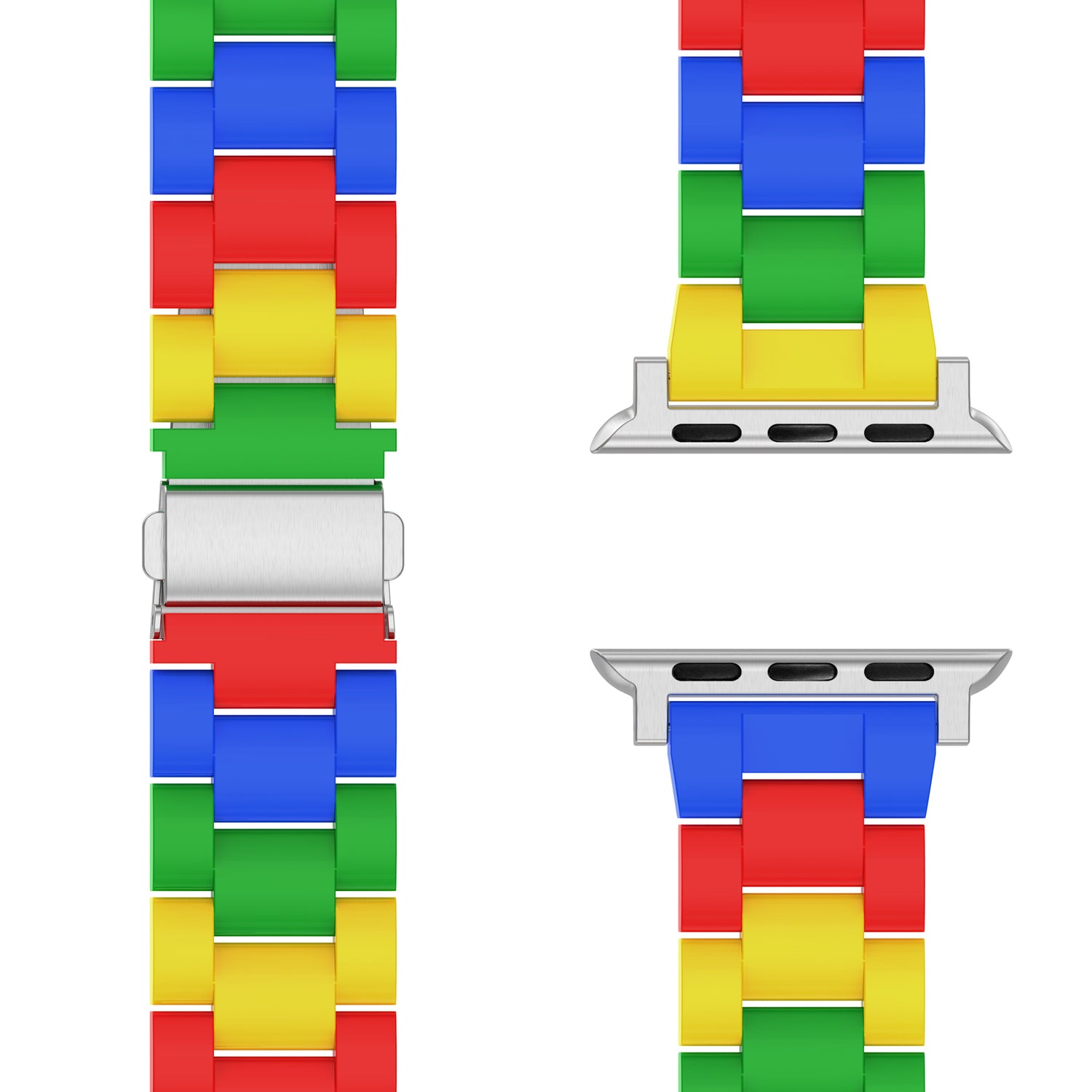 Das arktisband Apple Watch "Pixel Band" hat bunte rote, blaue, grüne und gelbe Acrylglas-Glieder für einen lebendigen Retro-Look, der aus verschiedenen Blickwinkeln auf einem weißen Hintergrund gezeigt wird.