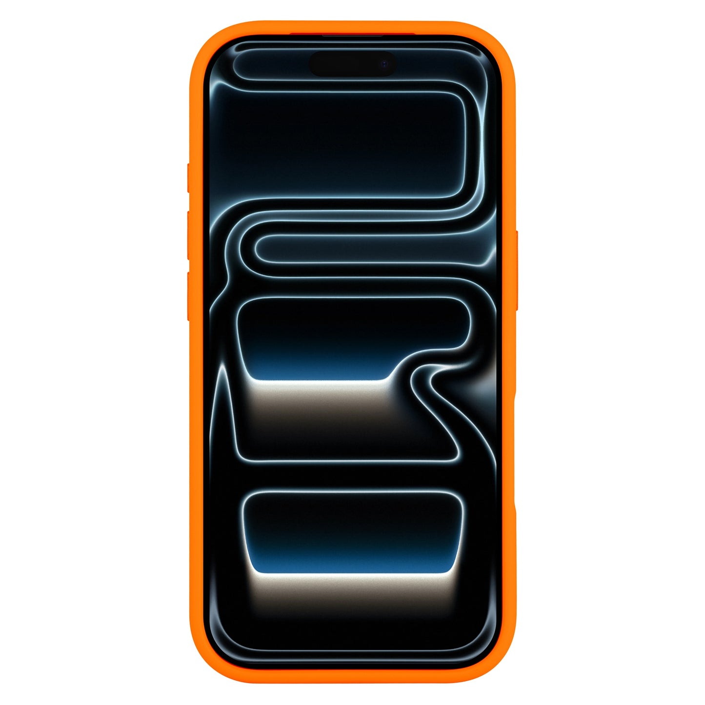 Ein iPhone 17 Pro Max in der Arktis Solid Case mit MagSafe (orange, matte Schutzhülle) von Arktis, abgebildet mit einem dunklen abstrakten Neon-Bildschirm. MagSafe kompatibel für bequemes Laden und stylischen Schutz.