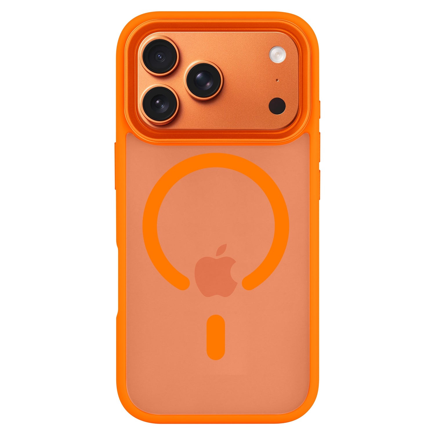Ein orangefarbenes iPhone 17 Pro Max in der Arktis iPhone 17 Pro Max Solid Case mit MagSafe, einer matt-orangen Hülle von Arktis, die das Apple-Logo und die Kameralinsen hervorhebt.