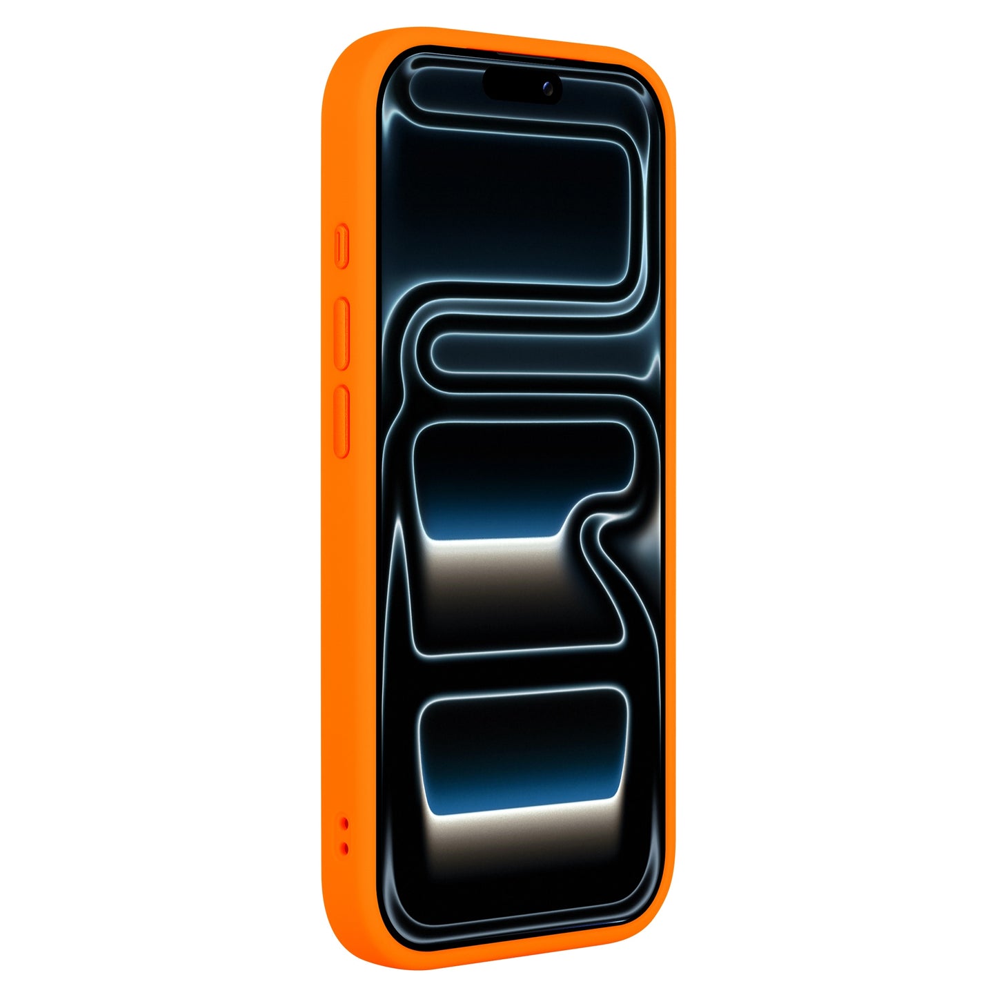 Ein Arktis iPhone 17 Pro Max Solid Case mit MagSafe in orange-matter Ausführung, montiert auf einem schräg gestellten Smartphone, auf dessen Bildschirm ein abstraktes Neon-Muster zu sehen ist.