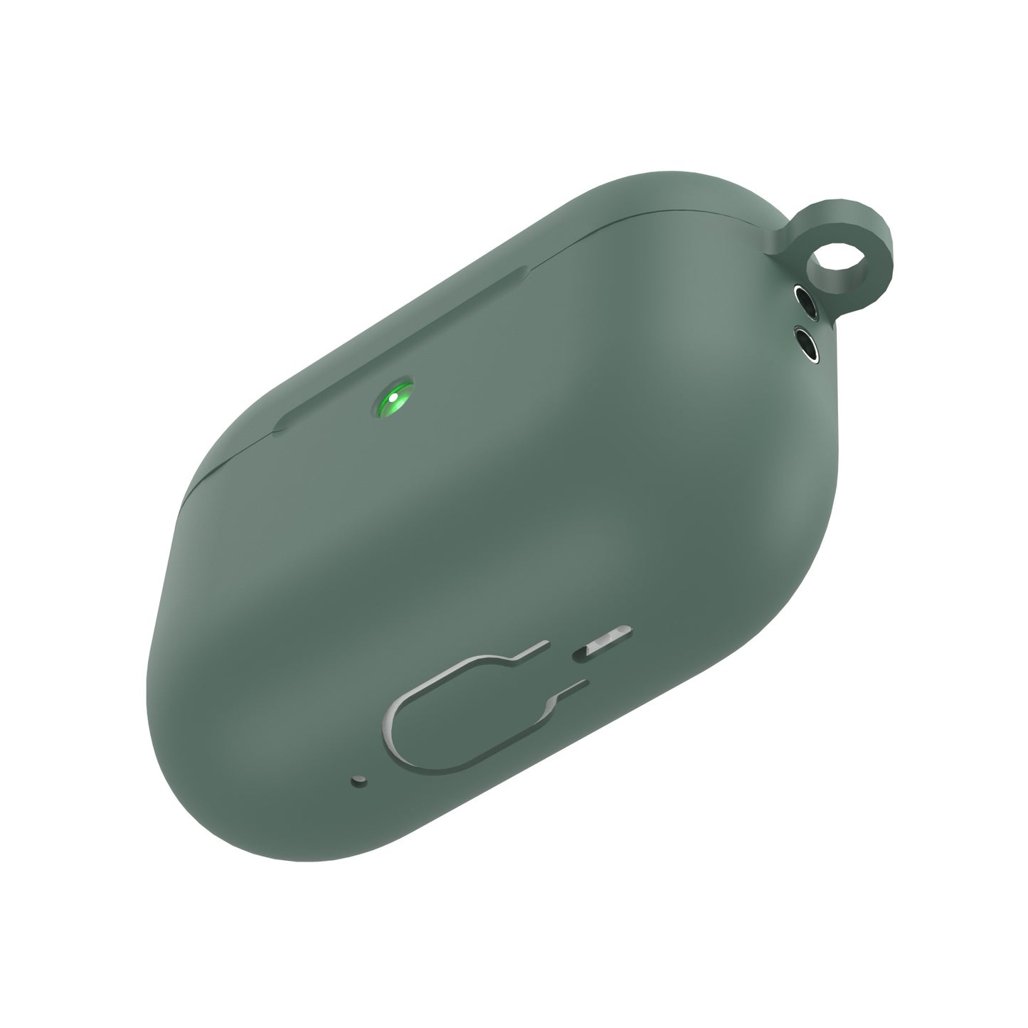 Die arktis AirPods Pro 3 Silikonhülle in mattem Grün verfügt über einen Clip, eine kleine grüne Statusleuchte und eine stoßfeste Hülle für zusätzlichen Schutz. Kompatibel mit kabellosem Laden für müheloses Aufladen durch arktis.