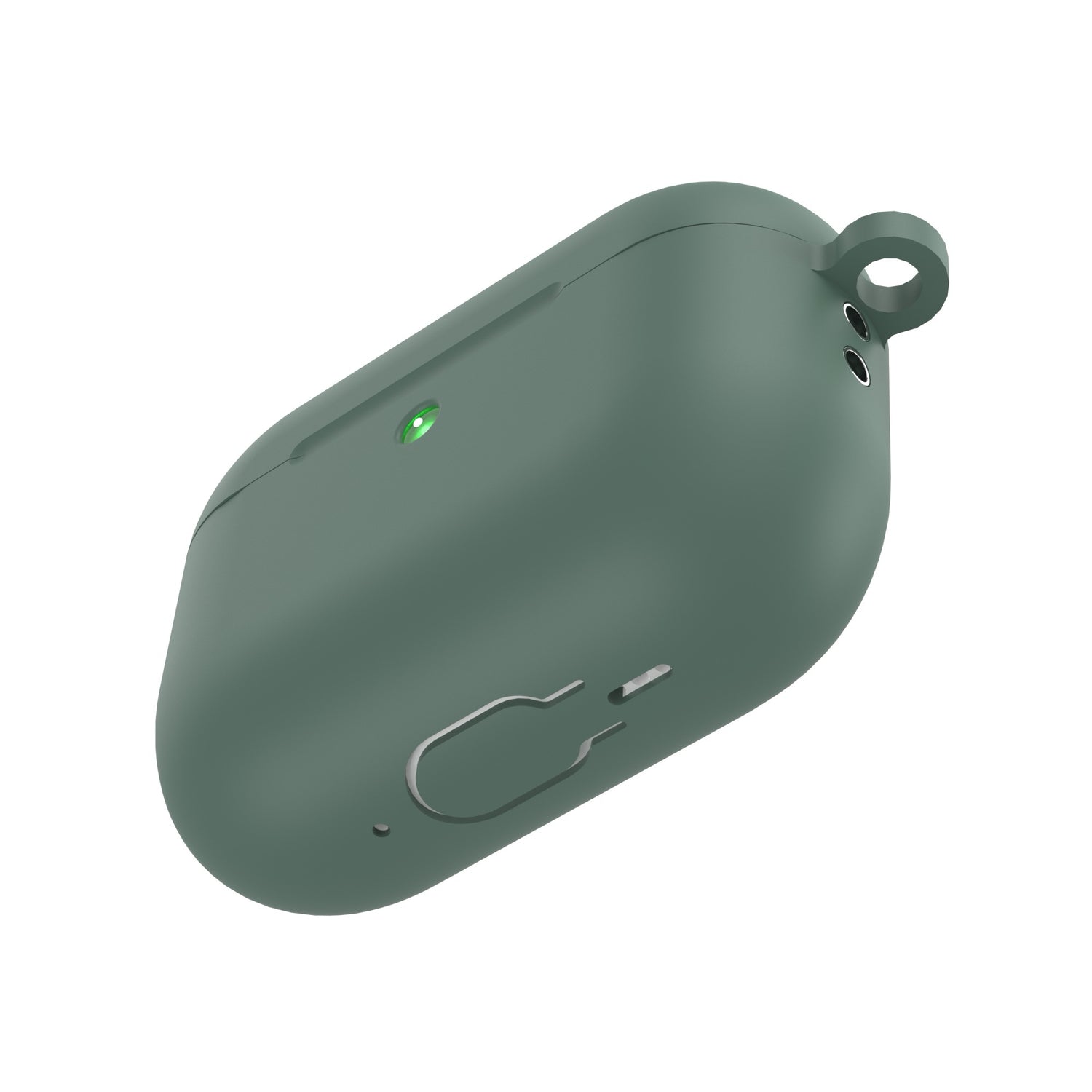 Die arktis AirPods Pro 3 Silikonhülle in mattem Grün verfügt über einen Clip, eine kleine grüne Statusleuchte und eine stoßfeste Hülle für zusätzlichen Schutz. Kompatibel mit kabellosem Laden für müheloses Aufladen durch arktis.