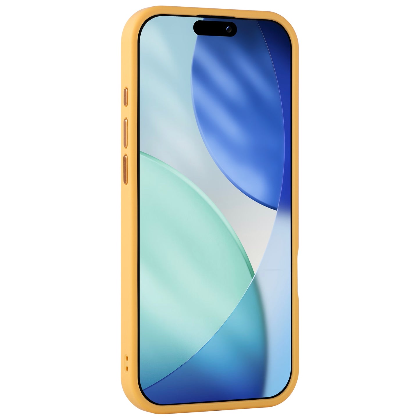 Das Arktis arktis iPhone Air Solid Case ist eine matte, stoßabsorbierende gelbe Hülle für das iPhone 17 Air, die mit einem blau-grünen abstrakten Hintergrundbild auf dem Bildschirm gezeigt wird.