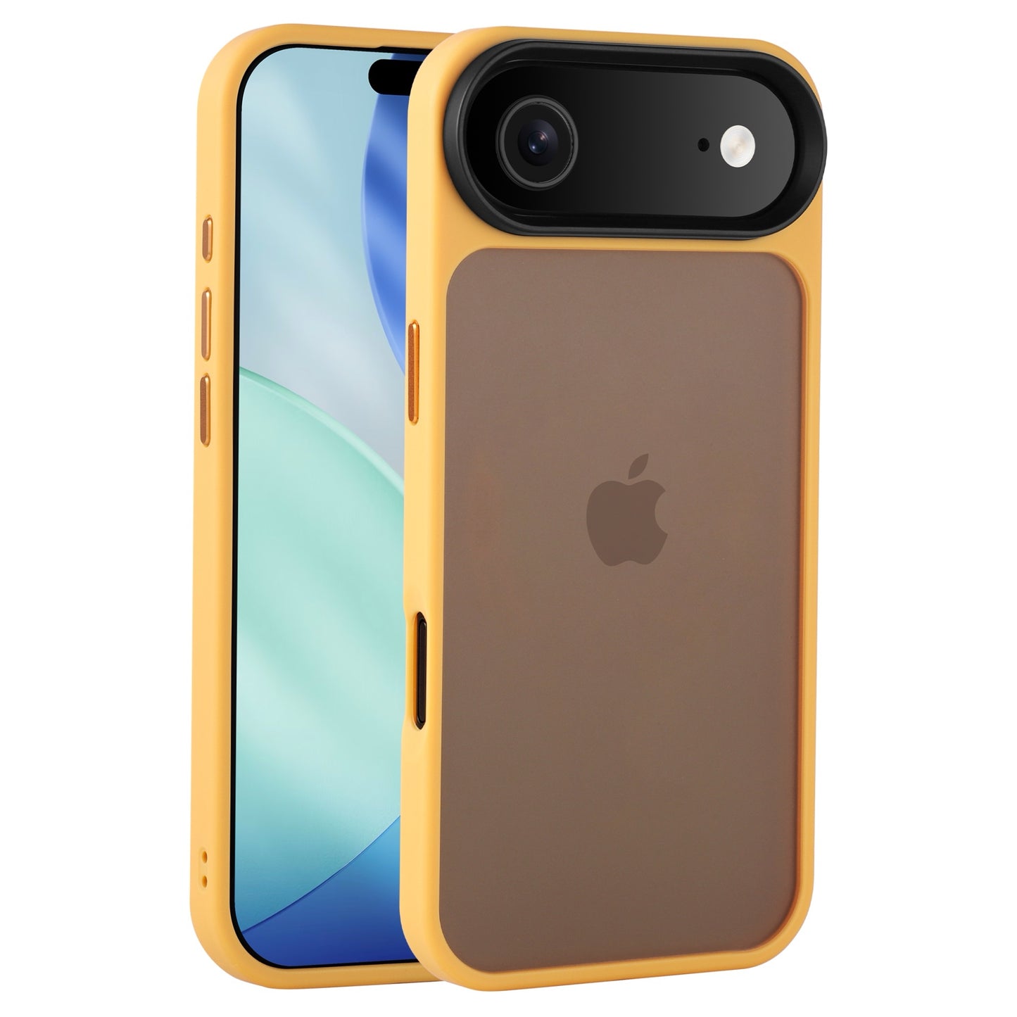 Ein iPhone in einem gelben, matten Arktis iPhone Air Solid Case von Arktis, mit schwarzem Kameramodul und sichtbarem Apple-Logo auf der Rückseite.
