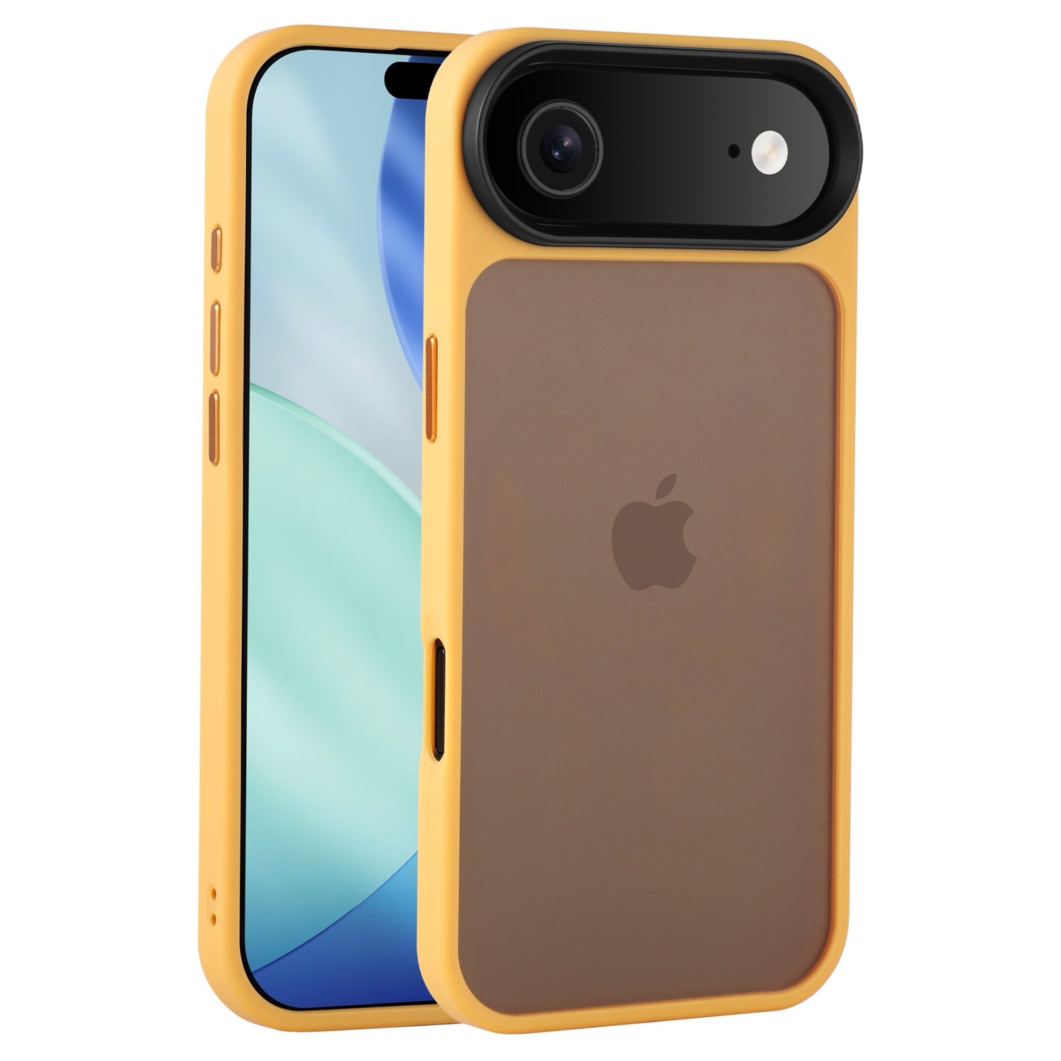 Ein iPhone in einem gelben, matten Arktis iPhone Air Solid Case von Arktis, mit schwarzem Kameramodul und sichtbarem Apple-Logo auf der Rückseite.