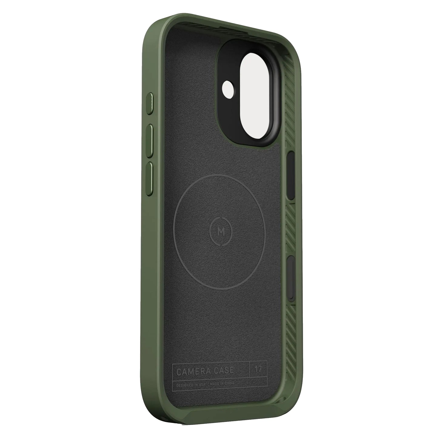 Die MOMENT Moment iPhone 17 Kameratasche MagSafe in Grün und Schwarz verfügt über einen MagSafe-Ring und einen Kameraausschnitt, unterstützt alle iPhone-Kamerafunktionen und ist ideal als hochwertige MagSafe-kompatible Tasche.