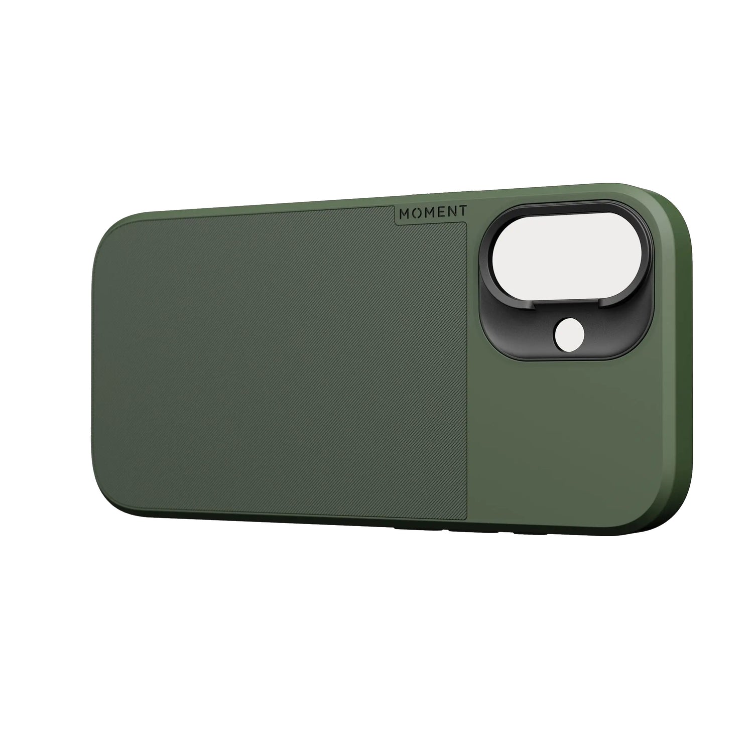 Die MOMENT iPhone 17 Kameratasche MagSafe in Dunkelgrün verfügt über eine strukturierte Oberfläche und einen großen Kameraausschnitt oben rechts, um die Kamerafunktionen des iPhone zu verbessern.