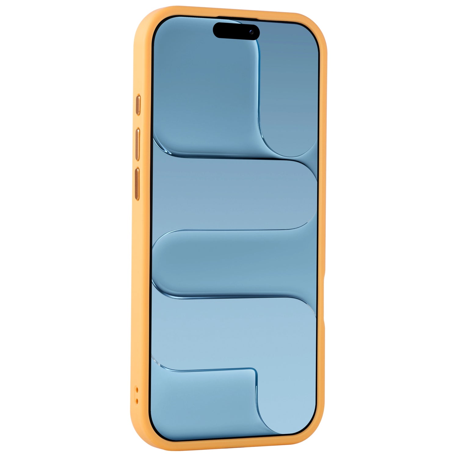 Ein arktis iPhone Air Solid Case von Arktis aus gelbem, mattem Polykarbonat wird auf einem Smartphone mit einem blauen, abstrakten Muster auf dem Bildschirm gezeigt, das von einer schrägen Seite betrachtet wird.