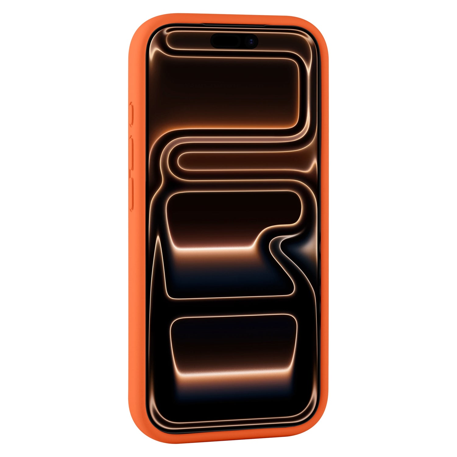 Das arktis iPhone 17 Pro Silikon Case in leuchtendem Orange schützt Ihr Handy stilvoll, während der Bildschirm abstrakte schwarz-goldene Leuchtlinien zeigt und kabelloses Laden für ultimativen Komfort unterstützt.