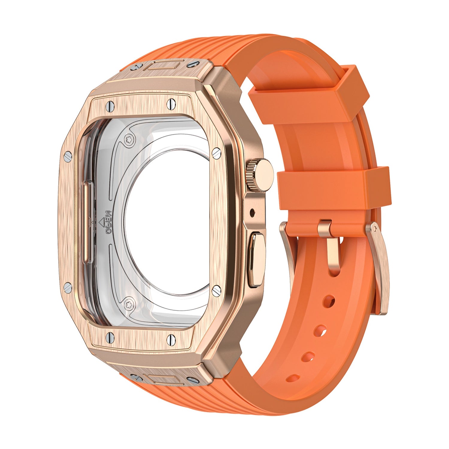 Das arktisband Apple Watch Armband "Metal Fusion" von arktisband besteht aus einem roségoldenen und orangefarbenen Gehäuse mit offener Mitte und einem Silikonarmband, hier in der Seitenansicht.