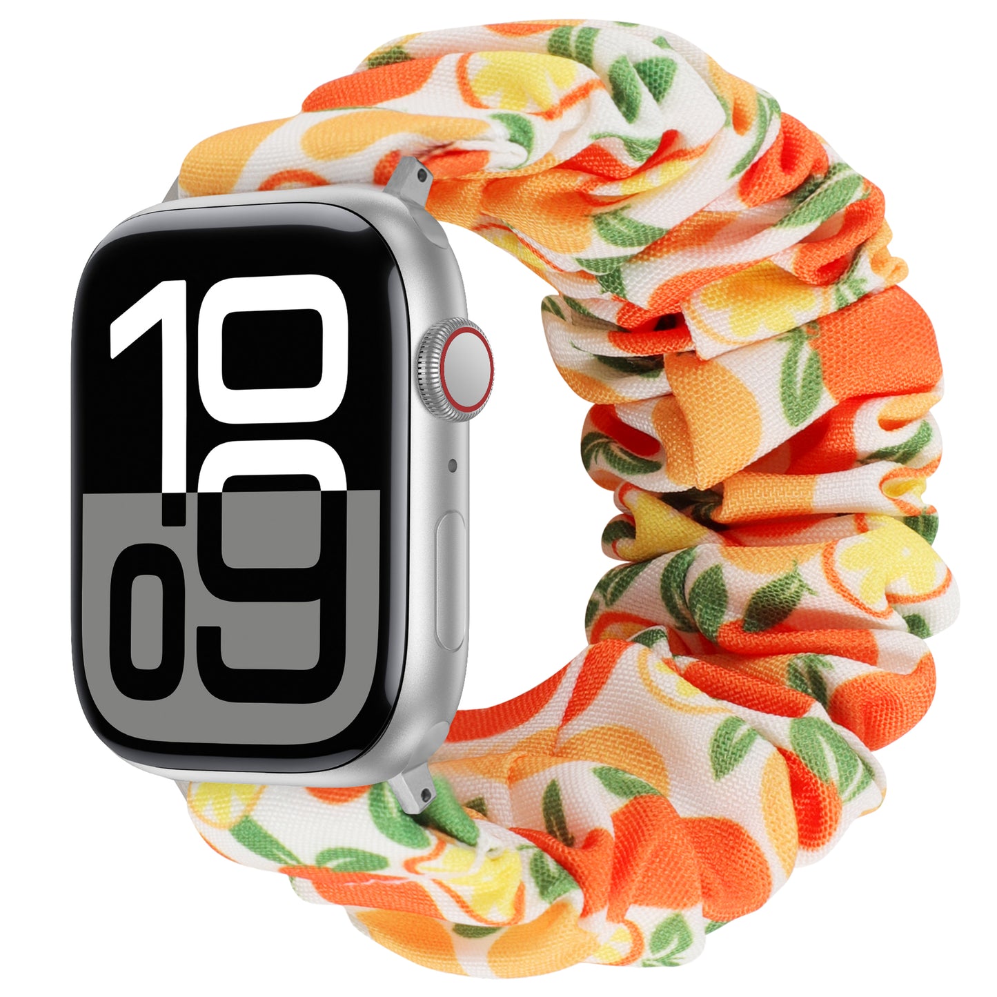 Das arktisband Apple Watch Scrunchie Armband "Elanora" besticht durch sein leuchtendes orange-gelbes Design und kombiniert farbenfrohen Stil mit ultimativem Komfort.