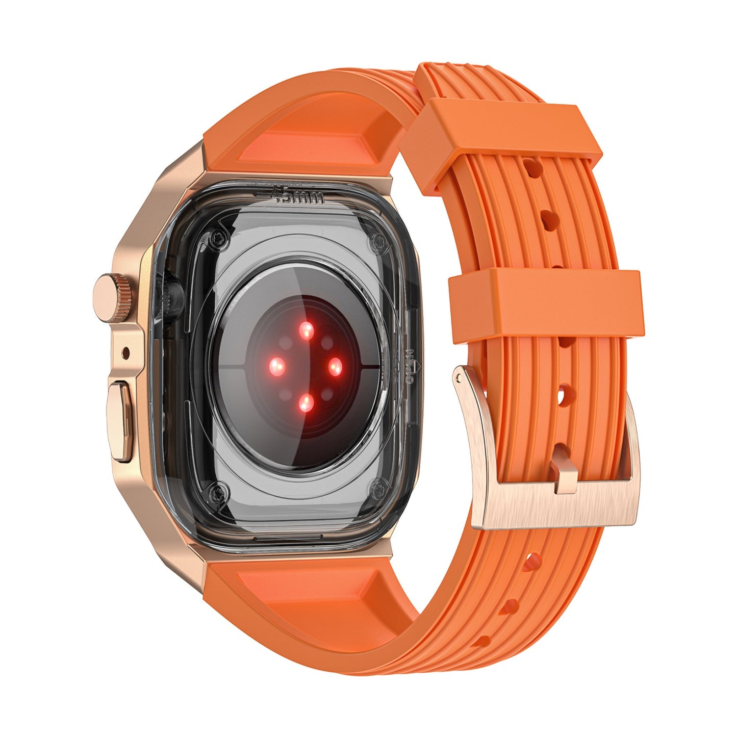 Das arktisband Apple Watch Armband "Metal Fusion" hat ein orangefarbenes Armband, ein goldenes Gehäuse und rote Sensorleuchten auf der Rückseite.