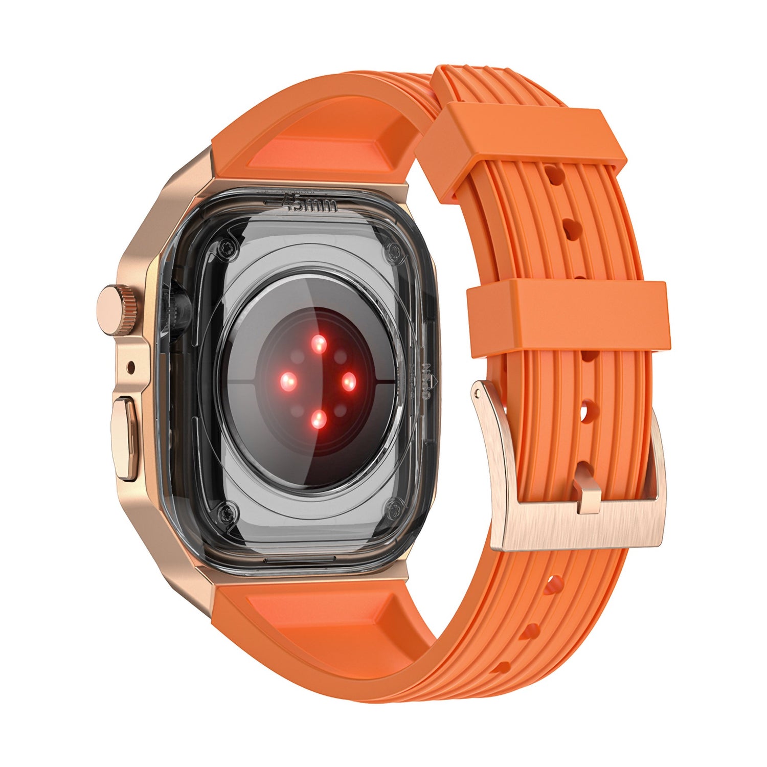 Das arktisband Apple Watch Armband "Metal Fusion" hat ein orangefarbenes Armband, ein goldenes Gehäuse und rote Sensorleuchten auf der Rückseite.