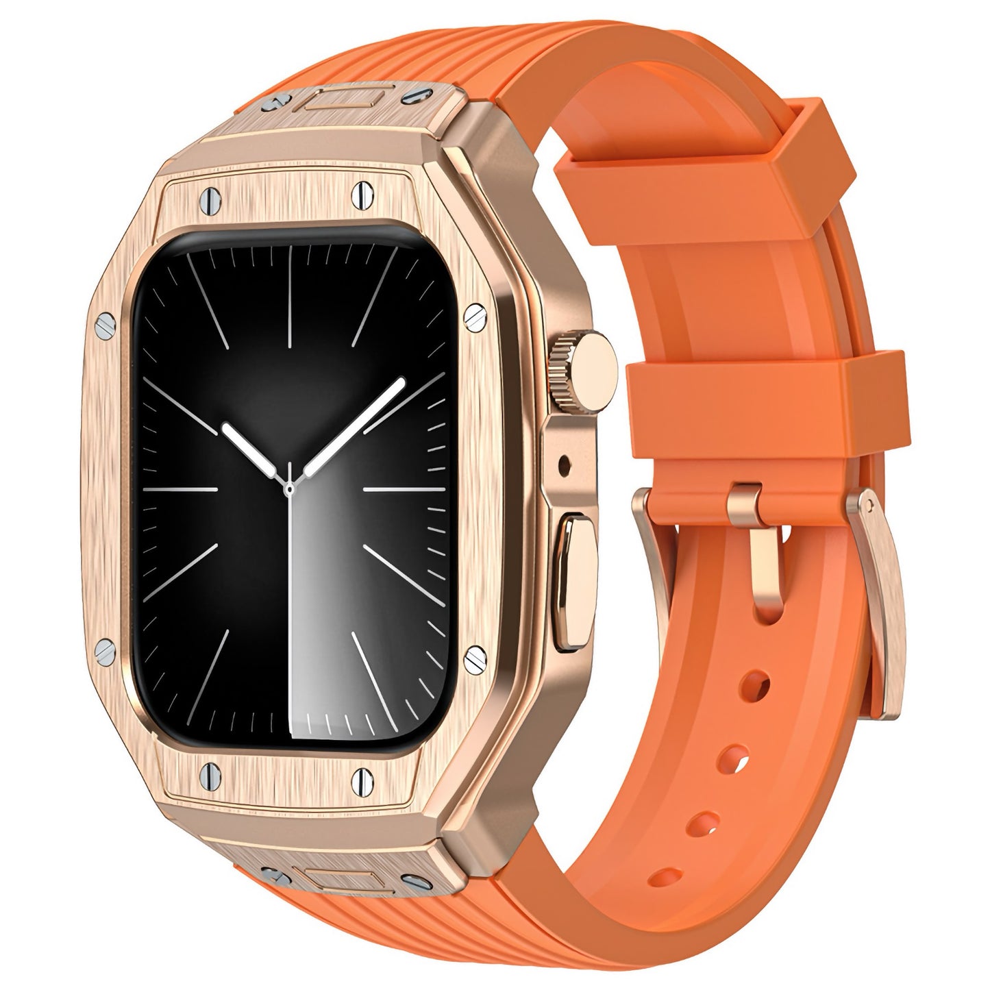 Das arktisband Apple Watch Armband "Metal Fusion" ist eine goldene Smartwatch mit einem rechteckigen schwarzen Zifferblatt und einem orangefarbenen Silikonarmband.