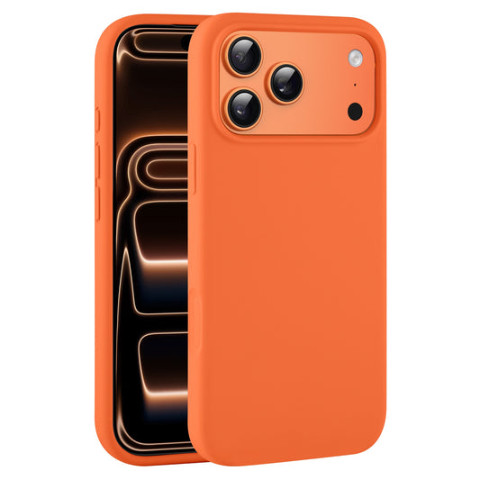 Das arktis iPhone 17 Pro Silikon Case in Orange mit drei Kameraaussparungen, abgebildet auf einem Gerät mit dunklem Display und Lichtreflexen. Kompatibel mit kabellosem Laden für bequemen Komfort. Marke: arktis.