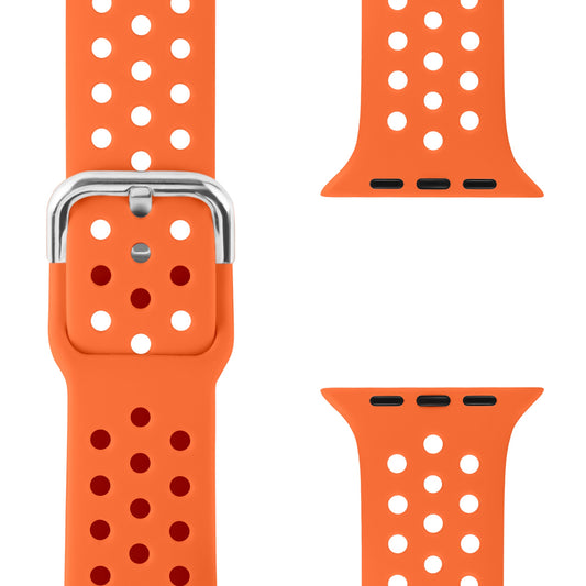Das arktisband Apple Watch Silikonarmband „Nova“ überzeugt in Orange mit weißen, runden Löchern, silbernem Schließe und sichtbaren Befestigungspunkten – für hohen Tragekomfort von arktisband aus drei Perspektiven gezeigt.