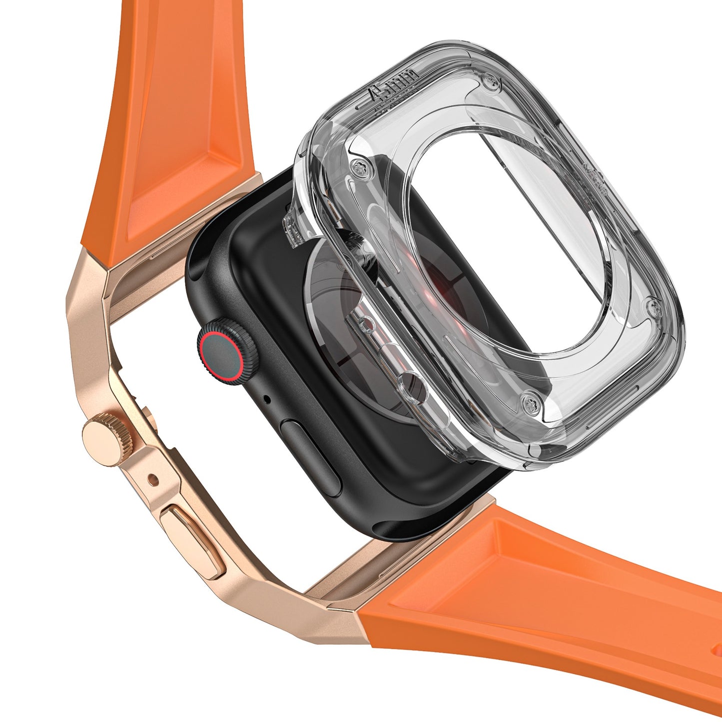 Eine durchsichtige Schutzhülle wird über ein arktisband Apple Watch Armband "Metal Fusion" von arktisband gestülpt, hier mit orangefarbenem Armband und goldenem Gehäuse.