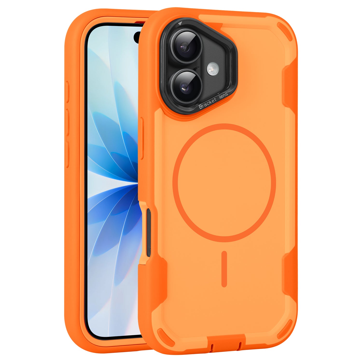 Das arktis iPhone 17 Sentinel Case in Orange wird auf einem Smartphone mit sichtbaren Kameralinsen und einem blauen Blumenhintergrund auf dem Bildschirm gezeigt.
