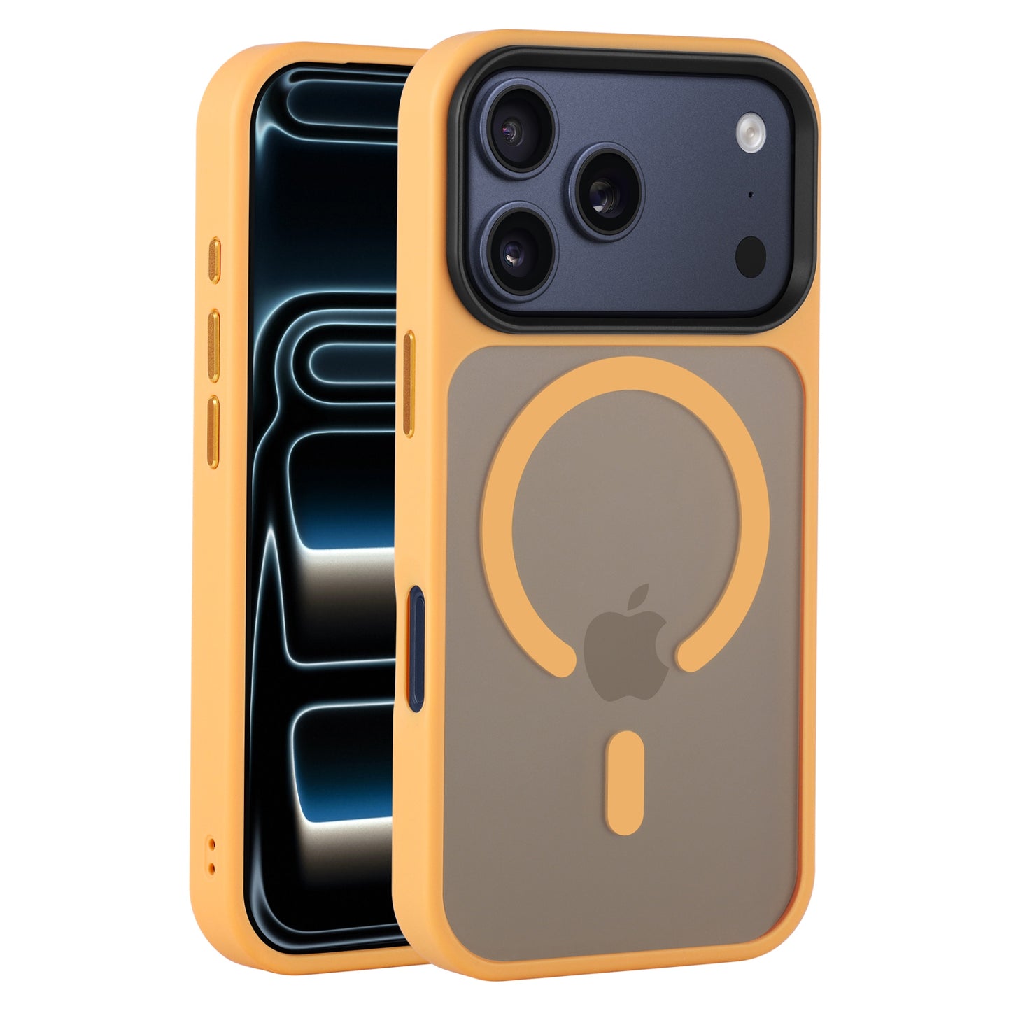 Das Arktis iPhone 17 Pro Solid Case mit MagSafe in Gelb-Grau schützt stilvoll, zeigt ein rundes MagSafe-Design und ist kompatibel mit allen MagSafe-Zubehörteilen. Die matte Hülle von Arktis wird am und neben dem iPhone gezeigt.