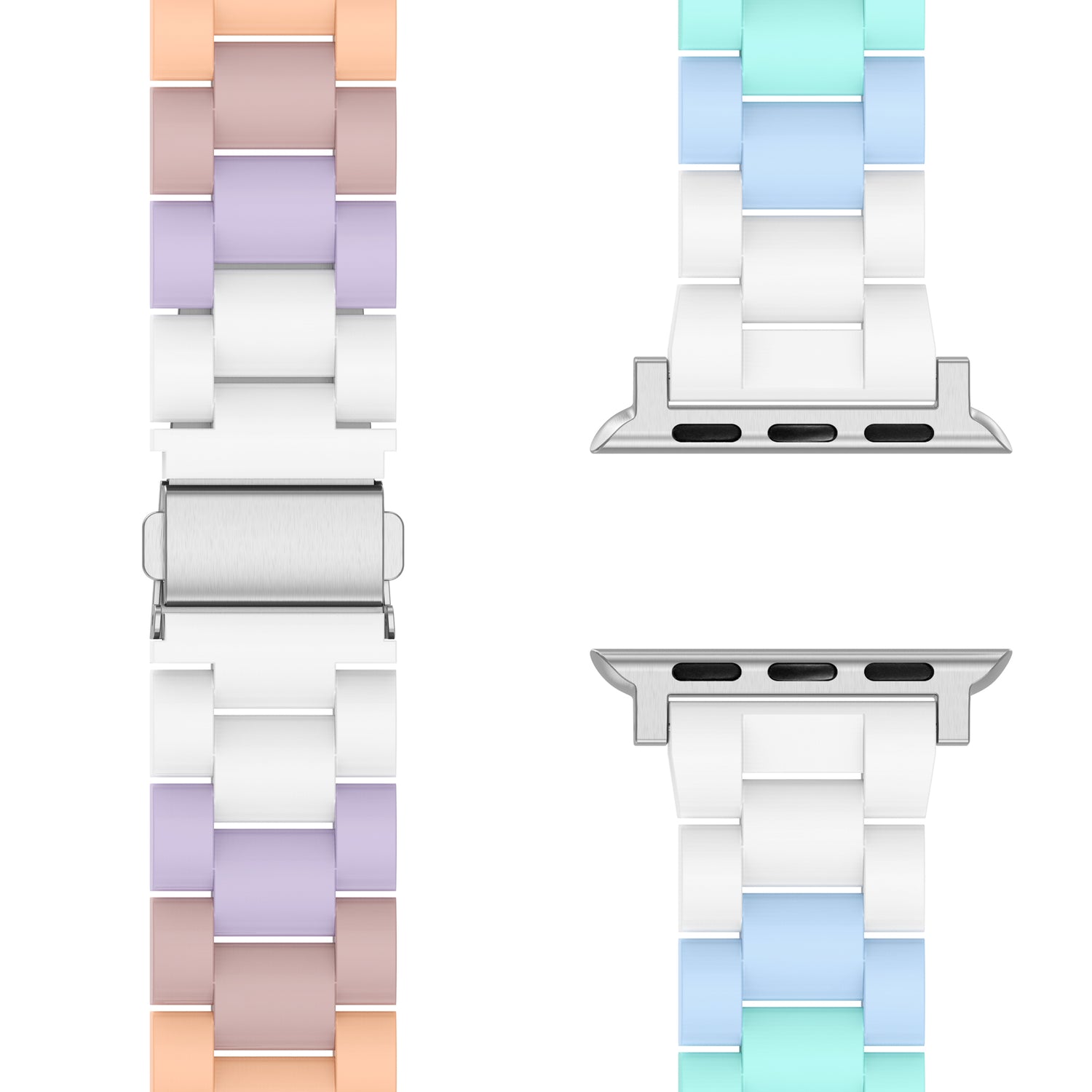 Zwei arktisband Apple Watch "Pixel Band" Armbänder, eines in Pfirsich und Lavendel und das andere in Blau und Teal, sind auf einem weißen Hintergrund abgebildet.