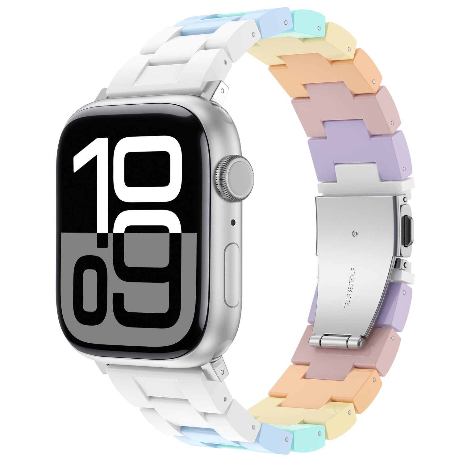 Das arktisband Apple Watch "Pixel Band" verfügt über ein auffälliges digitales Display und ein pastellfarbenes, segmentiertes Armband von arktisband.
