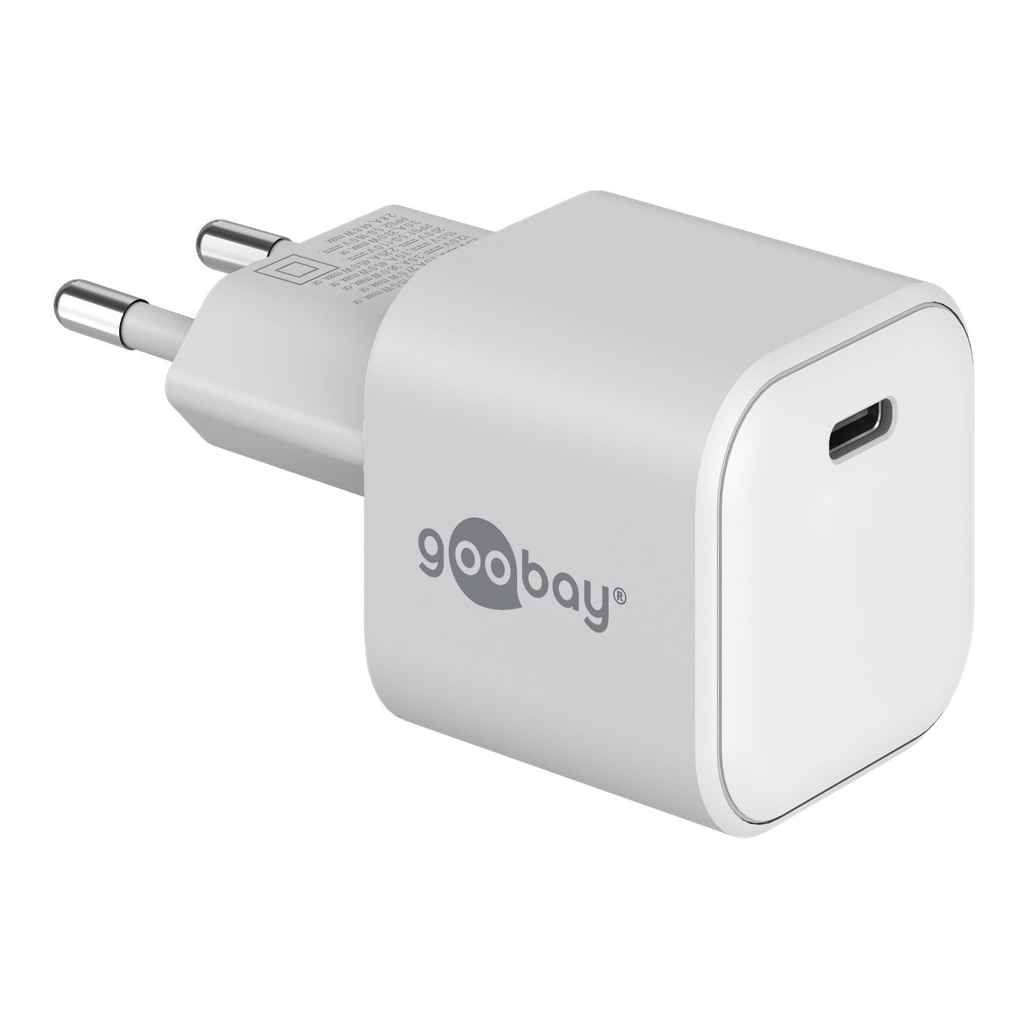 Das Goobay USB-C PD GaN Schnellladegerät Nano 30 W verfügt über zwei runde Zinken, die in einem Winkel angeordnet sind. Es unterstützt schnelles und effizientes Laden mit bis zu 30 W Leistung.